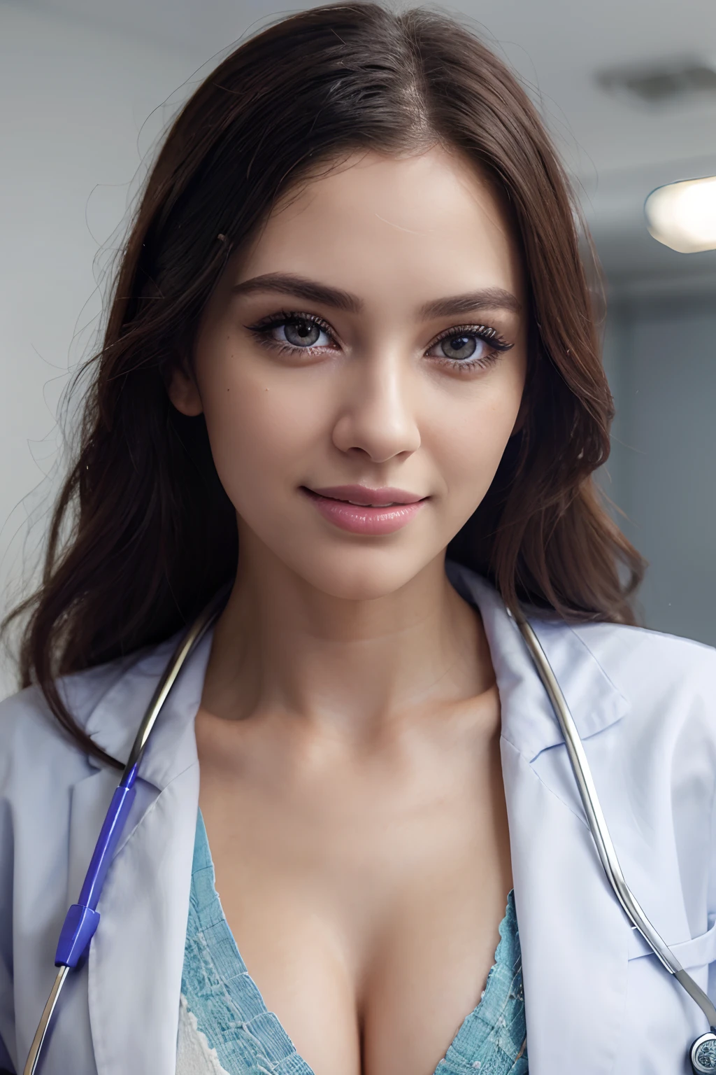 beautiful detailed eyes,beautiful detailed lips,extremely detailed eyes and face,longeyelashes,3D rendering,vivid colors,professional,ultra-detailed,realistic,portrait,medical equipment,white coat,friendly smile,stethoscope,hospital backdrop,studio lighting,soft lighting,bokeh, realistic, half body view, viewing the viewer, very realistic