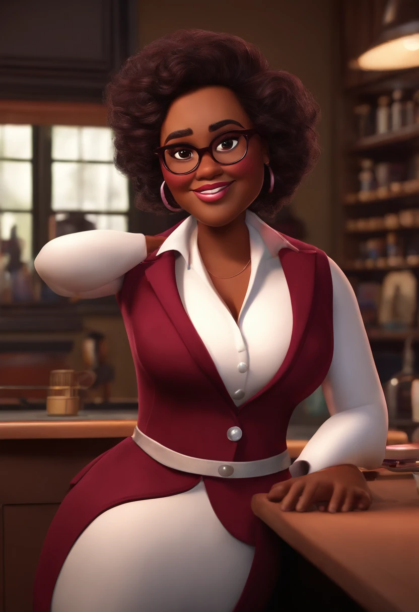 Create a pixar-style character inside a burgundy lab coat. personagem negra, fat, busty, big cheeks, wears prescription glasses, curly Hair over the shoulders, professional makeup artist, holding makeup brush