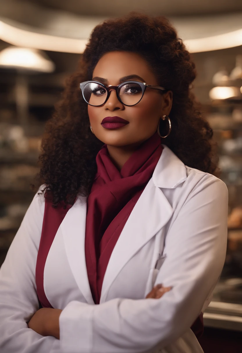 Create a pixar-style character inside a burgundy lab coat. personagem negra, fat, busty, big cheeks, wears prescription glasses, curly Hair over the shoulders, professional makeup artist, holding makeup brush