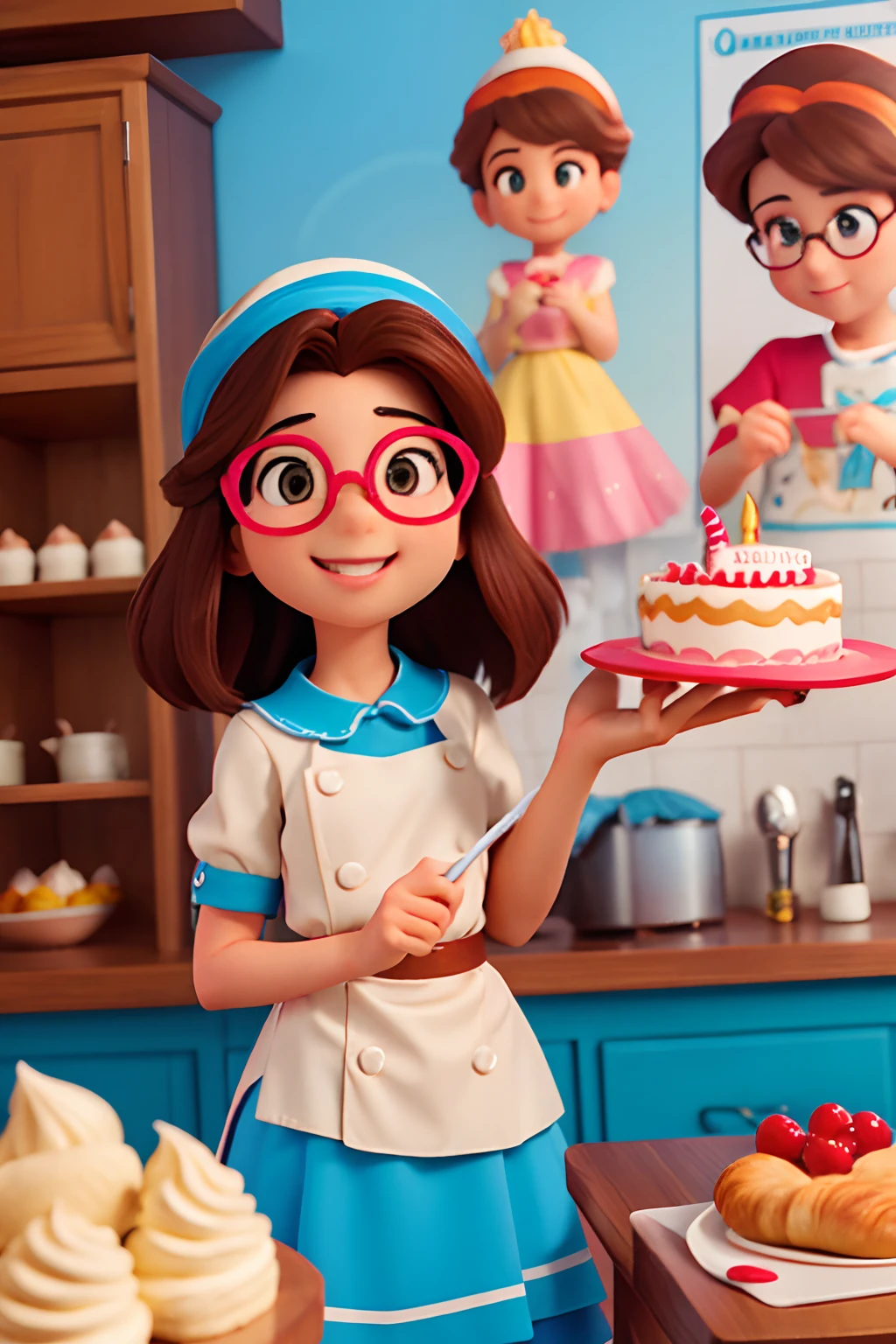 Create a Disney-style poster featuring a 40-year-old female character, Behind the cocked glasses, para mulheres, cabelos cor castanho claro na altura do ombro, sorriso feliz, queixo pequeno, . o cabelo deve ser cacheado, Caiu um pouco dos ombros. Roupa de confeiteira. Holding a small birthday cake in a pastry kitchen.