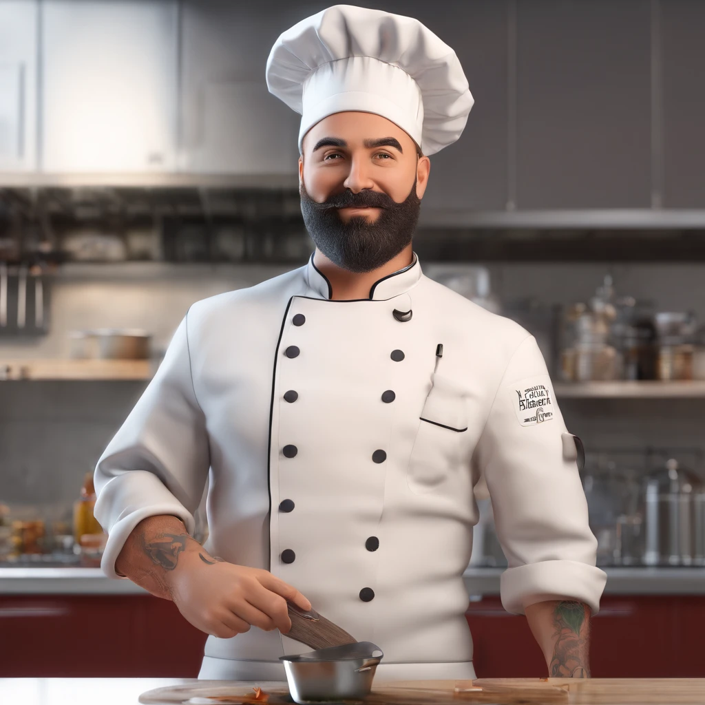A chef in a chef's hat ,Tatoo in the arms, com barba preta
