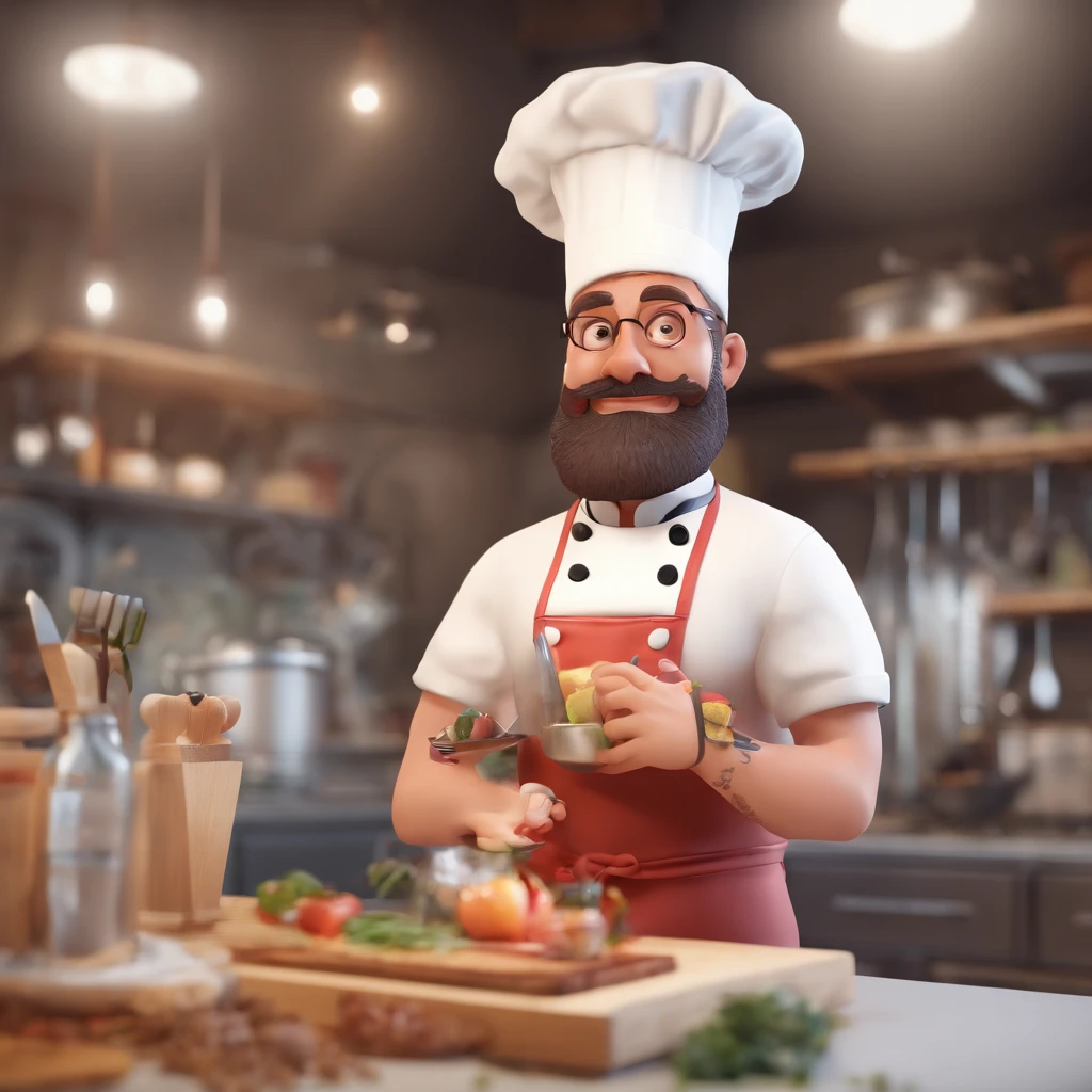 A chef in a chef's hat ,Tatoo in the arms, com barba preta