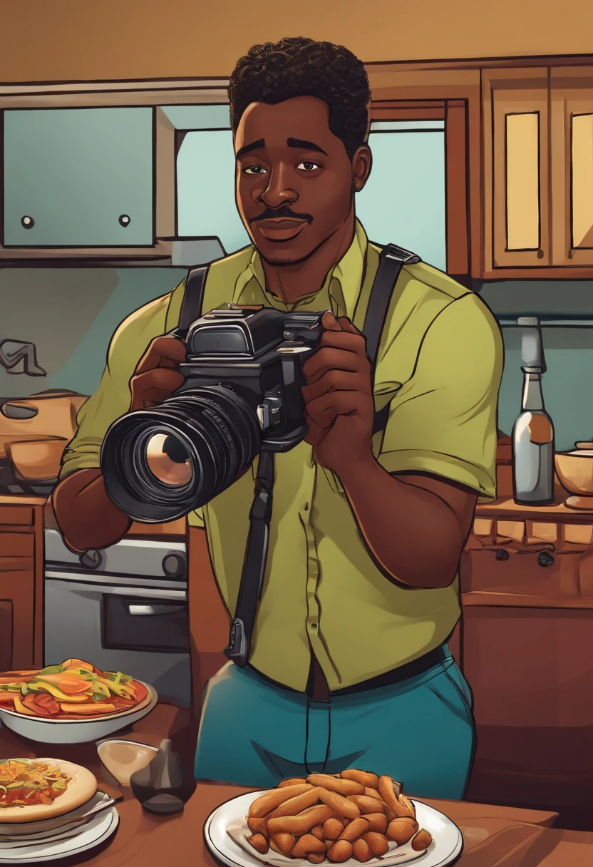 Cartoon character black man with camera and for food