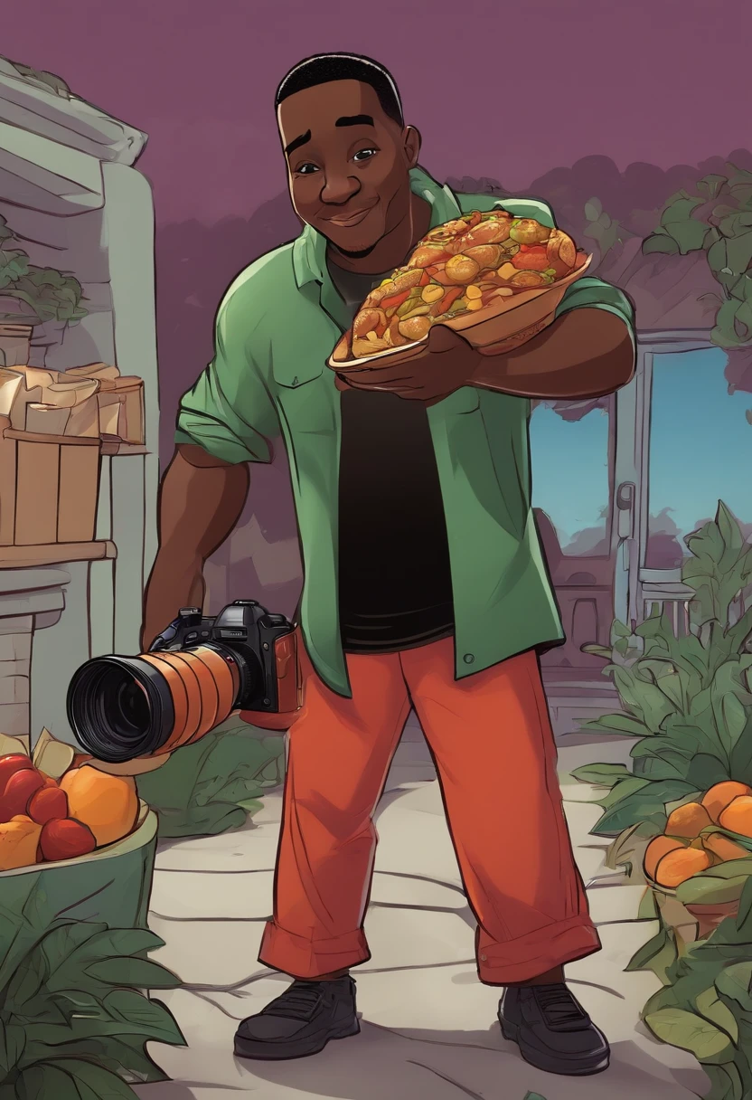 Cartoon character black man with camera and for food