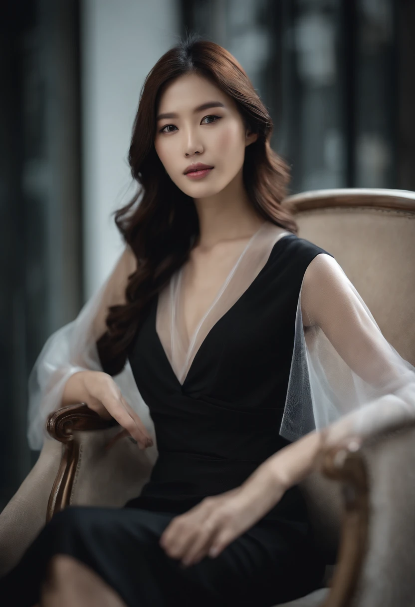 Sitting in a chair in a black dress，Korean female fashion model，A long sheer dark skirt，mesh shirt，Chrome clothes，Shiny silver，Fortunately for my appearance，Bigchest，best qualtiy， tmasterpiece， 超高分辨率， realisticlying，
