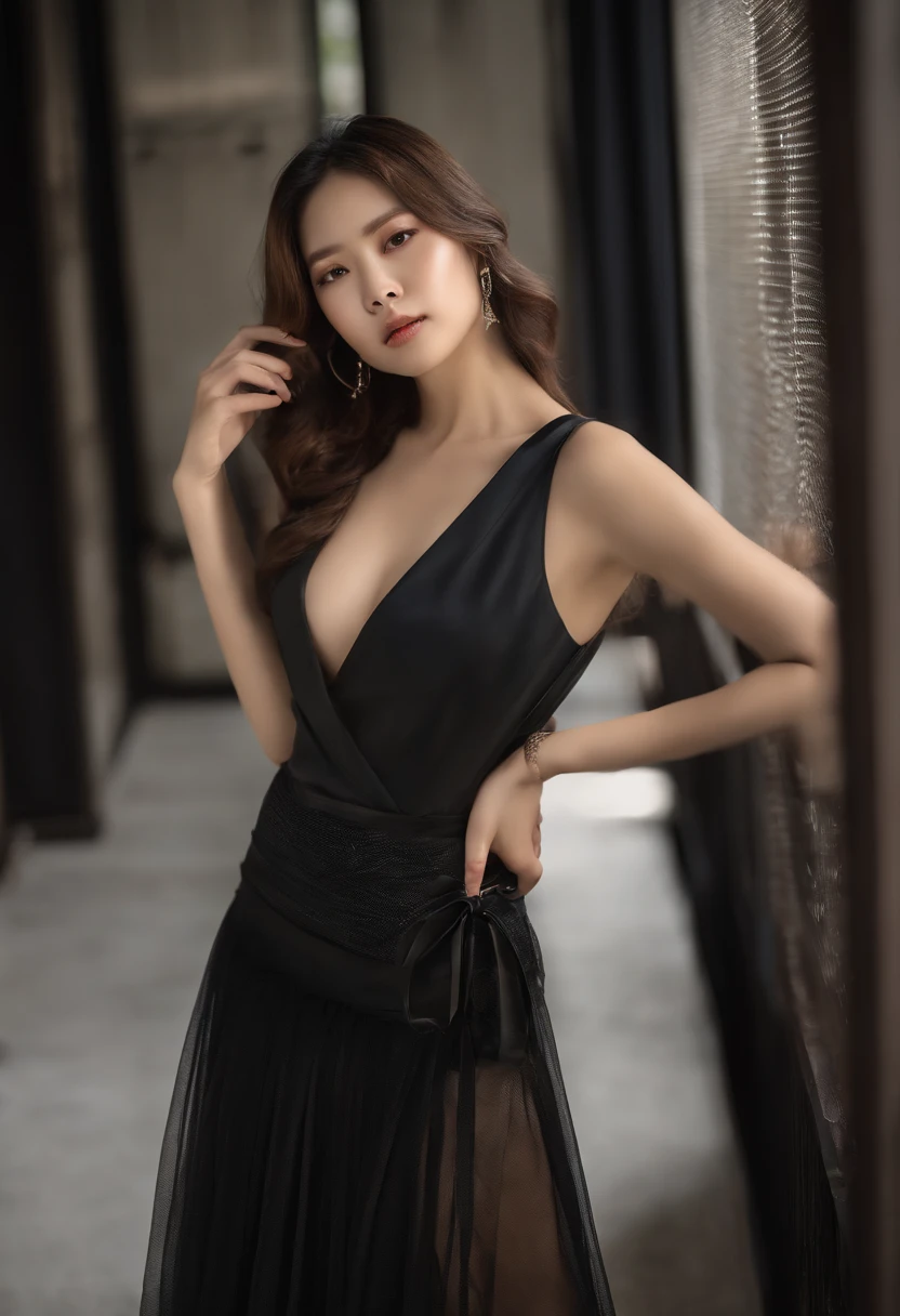 Sitting in a chair in a black dress，（Random gentleness）Korean female fashion model，Transparent brown medium vest+a skirt，mesh shirt，Chrome clothes，Shiny silver，Luckily I showed up，Bigchest，best qualtiy， tmasterpiece， 超高分辨率， realisticlying，
