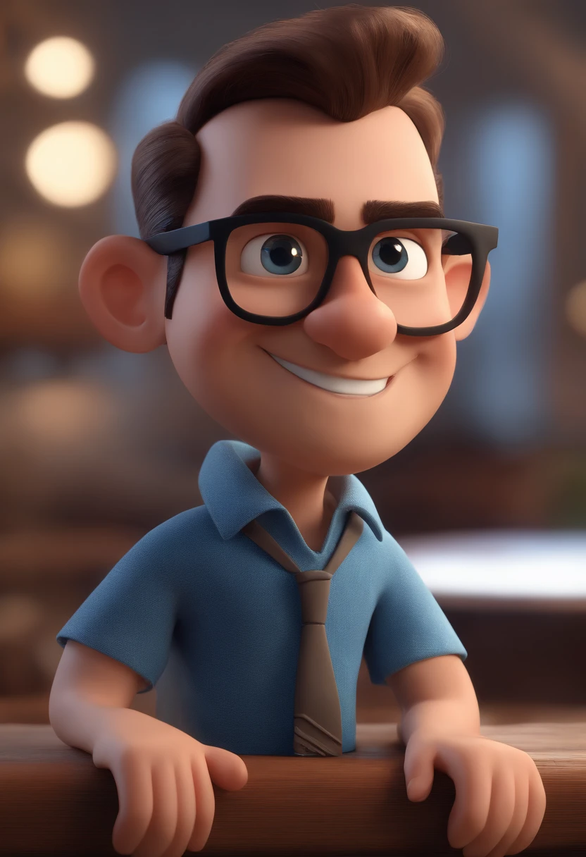 Cartoon character of a man with black glasses and a blue shirt, animation character, Caractere estilizado, animation style rendering, 3D estilizado, Arnold Maya render, 3 d render stylized, toon render keyshot, Personagem 3D, Personagem 3D, 3d rendering stylized, 3 d character render, personagem de desenho animado, Personagem de close up, Pose de personagem, (Estilo Pixar) (master part:1.2) (Bokeh) (best quality) (pele detalhada) (textura detalhada) (8k) (argila) (Cinematic lighting) (foco nítido