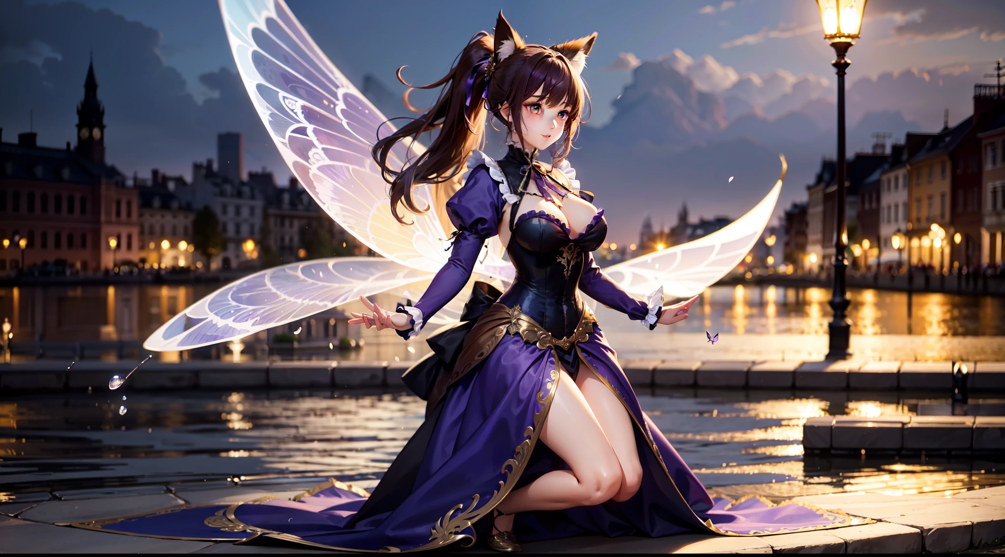 best quality, ultra detailed, full body, depth of field, purple wavy fluttering victorian dress with bronze details, teardrop breasts, long wavy ponytail, late evening, park riverside, animal ears, perfect anatomy,