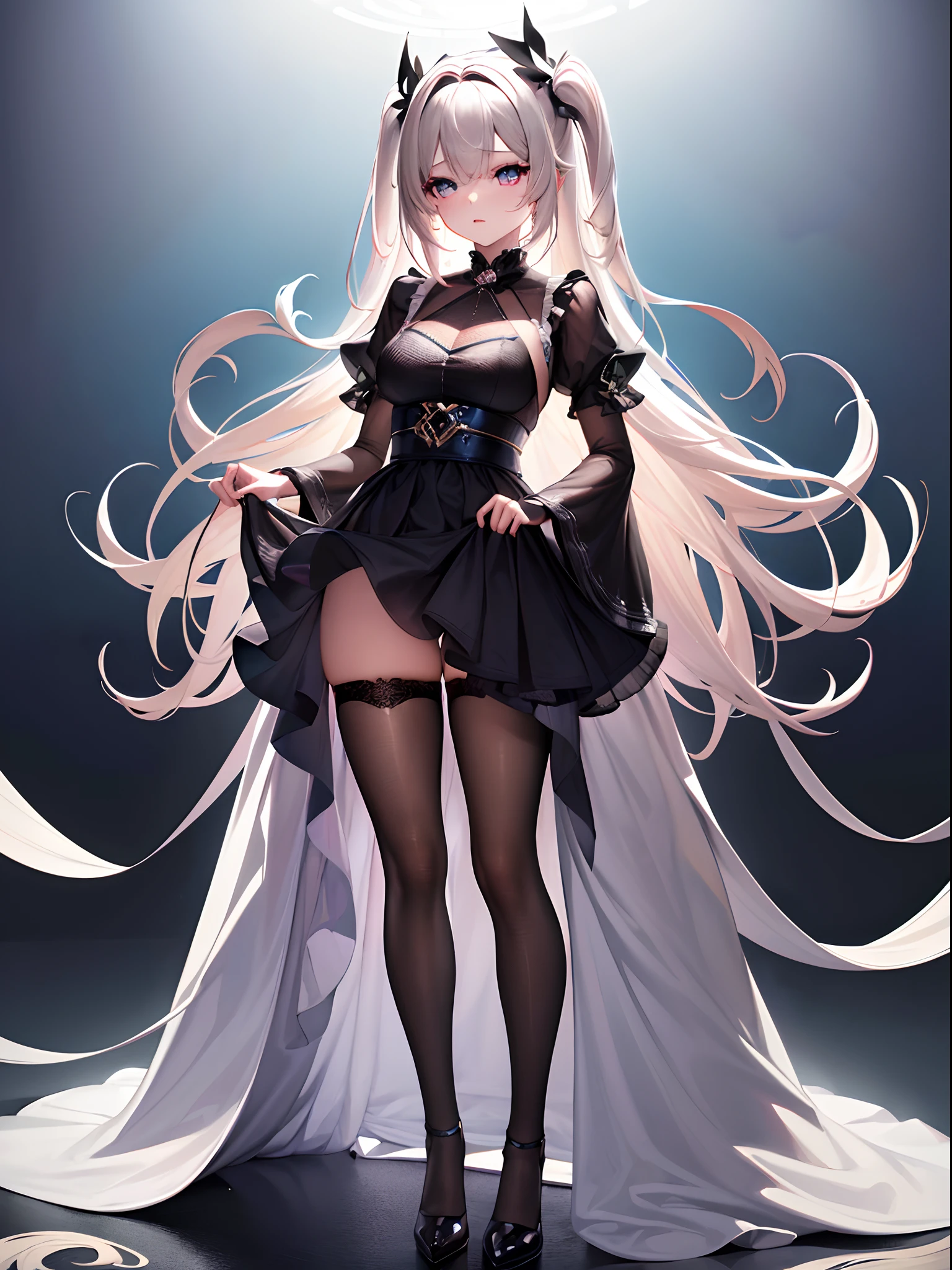 ((Best Quality)), (ultra-detailliert), ((Extremely detailed)), (Beautiful), ((Kawaii Girl)),  ((UHD)), (masterpiece), (high quality), (best quality), (4K), (high quality), 1, solo girl, one girl, hair two side up, hair intakes, long hair, parted bangs, platinum blond hair, jade colored eyes, tsurime, paint right up to the tip of the head,((transparent background)),(solo),standing,(wearing shoes on feet),((is wearing Idol Costumes)),good girl, beautiful detailed eyes,good looking,((an extremely delicate and beautiful)),make the eyes the same shape and color on both sides, anime style