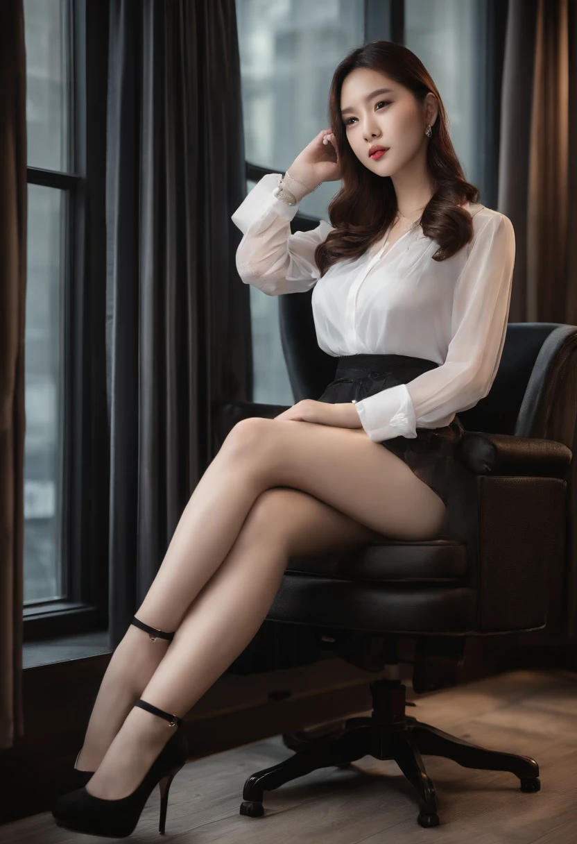 Sitting in a chair in a black dress，Korean female fashion model，Transparent coffee back medium strap+a skirt，mesh shirt，Chrome clothes，Shiny silver，Luckily I showed up，Bigchest，Lingerie transparent,white skinned,black garter stockings,Overweight,thighs thighs thighs thighs,big assa,best qualtiy， tmasterpiece， 超高分辨率， realisticlying，White pedicure