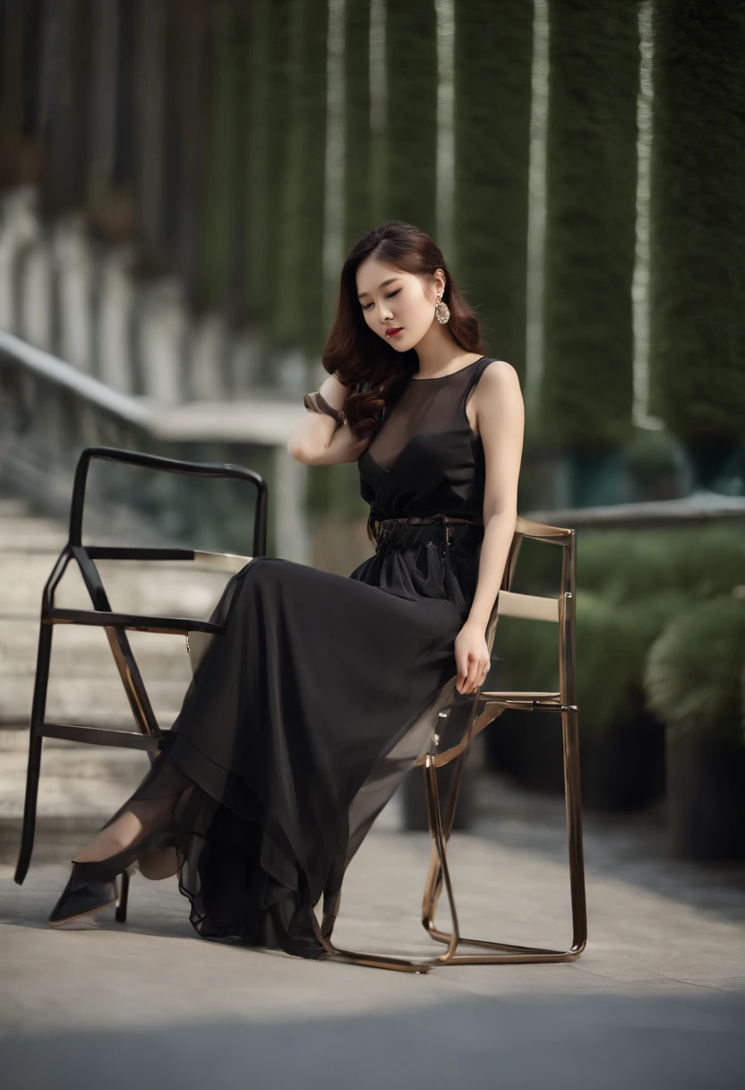Araffe woman sitting on a chair in a black dress - SeaArt AI