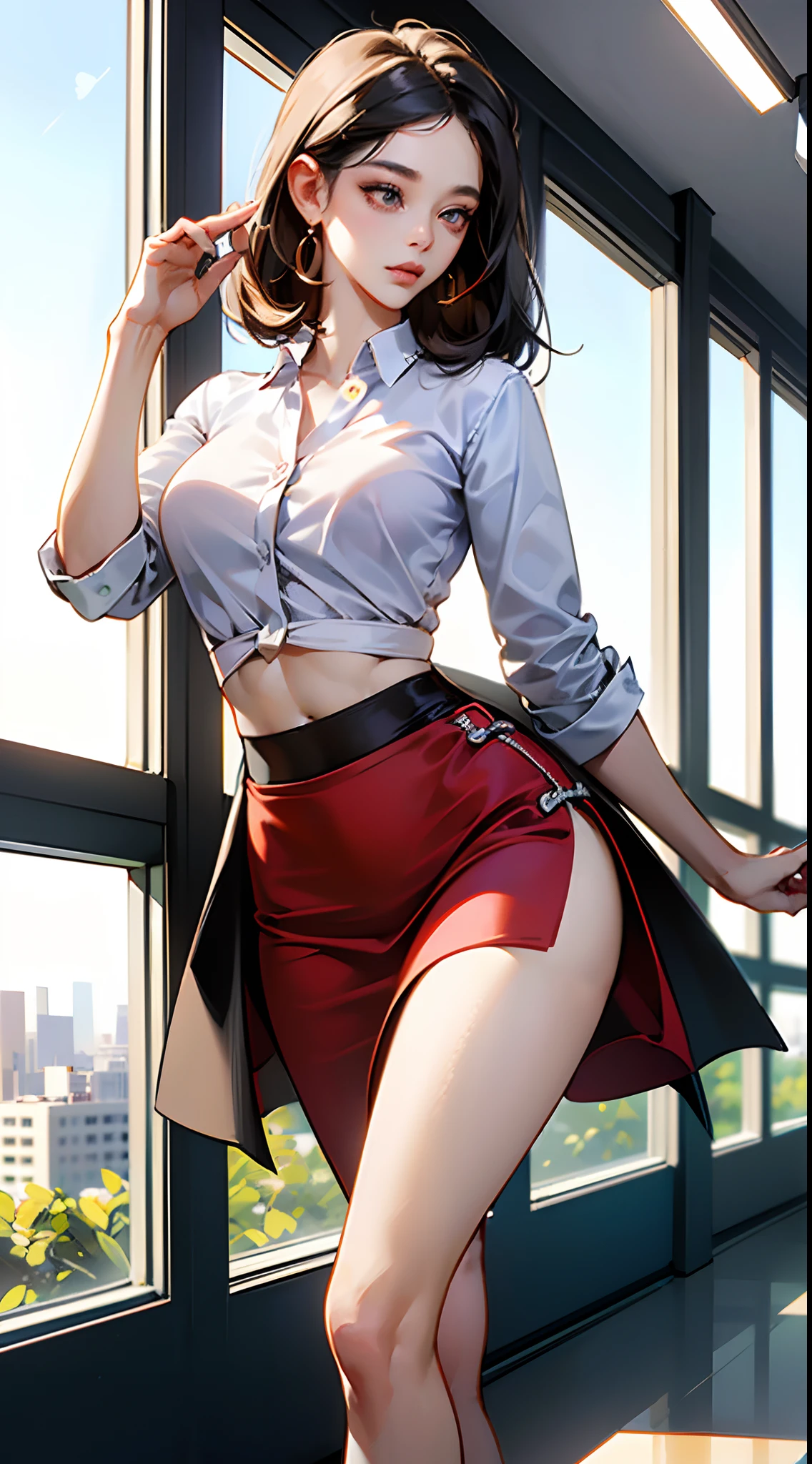((Meio da noite, Precisar, 8k, tmasterpiece:1.3)),uma menina， corpo inteiroesbian, pernas longas, Focalors:1.2, figura perfeita mulher bonita:1.4, abdominais finos:1.1, ((Cabelos castanhos escuros, Enorme teto:1.2 )), (camisa branca apertada, office uniform，Saia de seda preta, standing on her feet:1.2), ((cena noturna da cidade,Office floor-to-ceiling windows:1.3)), Highly detailed facial and skin texture, Um olhar detalhado, olhos grandes，cara bonito，Alafeld asian woman posing for photo in short black silk shirt and skirt, roupa muito sexy, estilo sexy, Asian, Garota sexy, roupa sexy, sexy body and sexy abs, Fascinante，Fascinante, olhar sexy, alta tecnologia impressionante, Pouco quente,, roupa reveladora, sedutor e poderoso, beleza de cair o queixo, senhora sedutora，((seda negra:1.5 ))，((Meias Lence pretas:1.5 ))