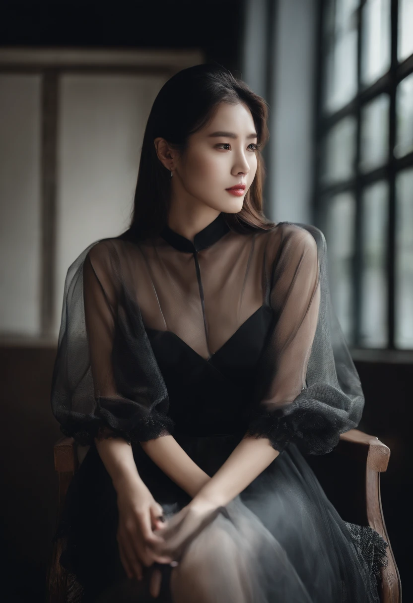 Sitting in a chair in a black dress，Korean female fashion model，Transparent stylish long skirt，mesh shirt，Chrome clothes，Shiny silver，Fortunately for my appearance，Bigchest，best qualtiy， tmasterpiece， 超高分辨率， realisticlying，