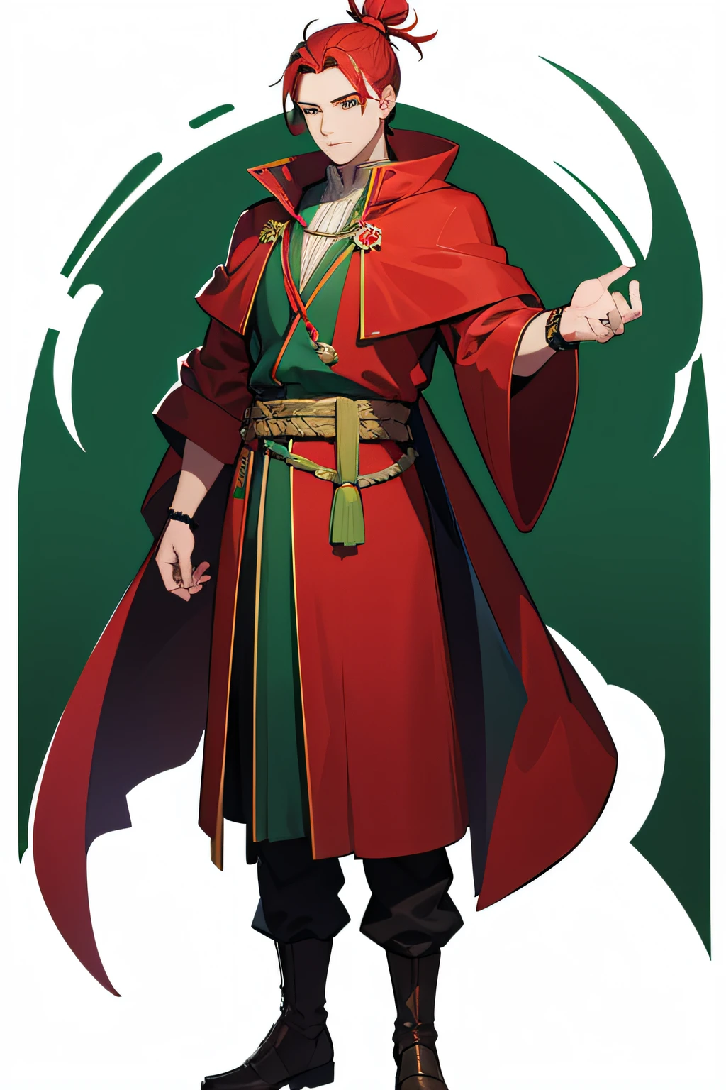 young adult male, top knot red hair, green eyes, standing, full body, mage PNG, Transparent background