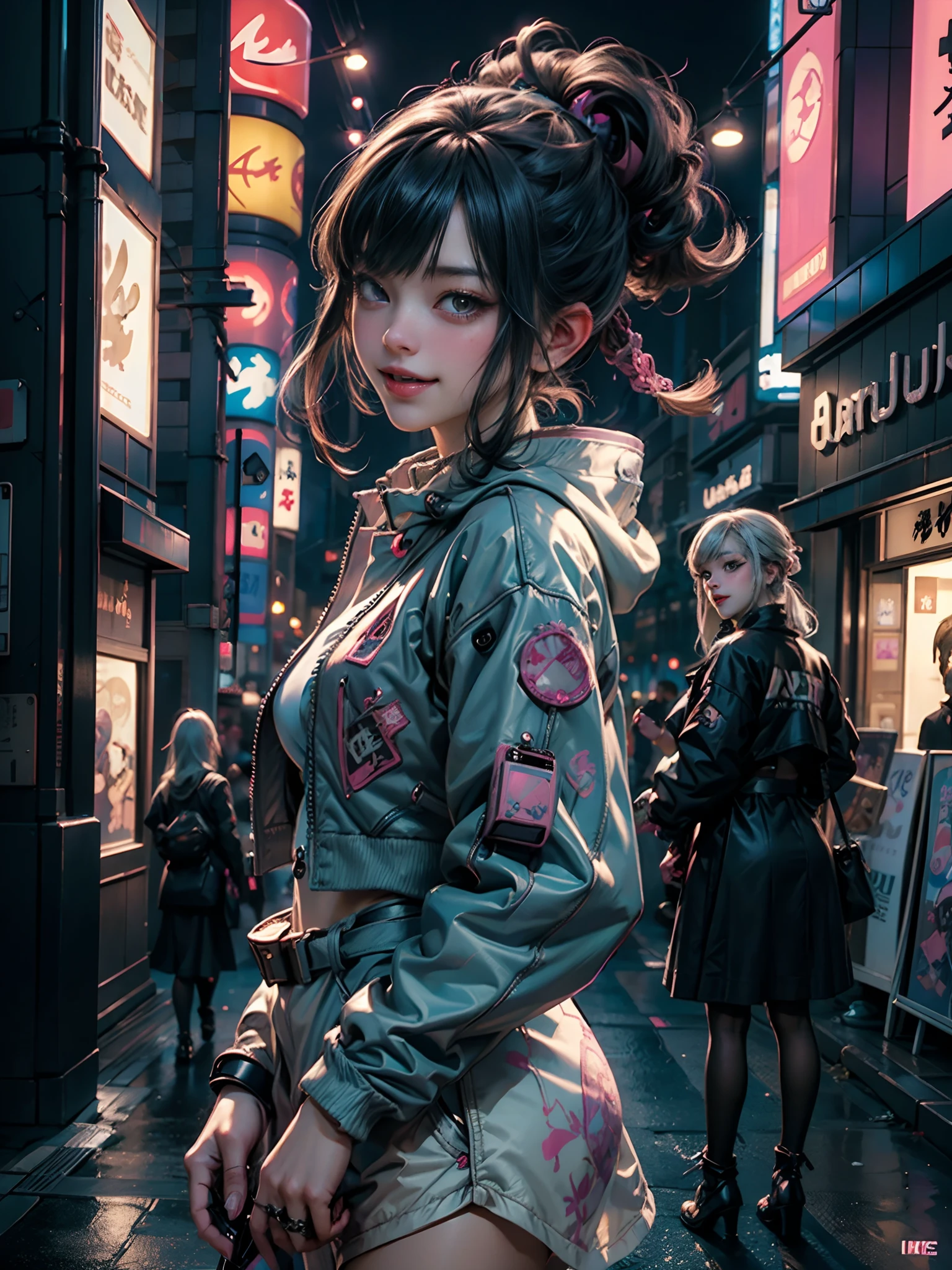 two girls kiss (they hide their lips) on a dystopian, post-apocalyptic city street, with an atomic bomb explosion on the horizon. Dark night, neon lights. cyberpunk style. high quality image