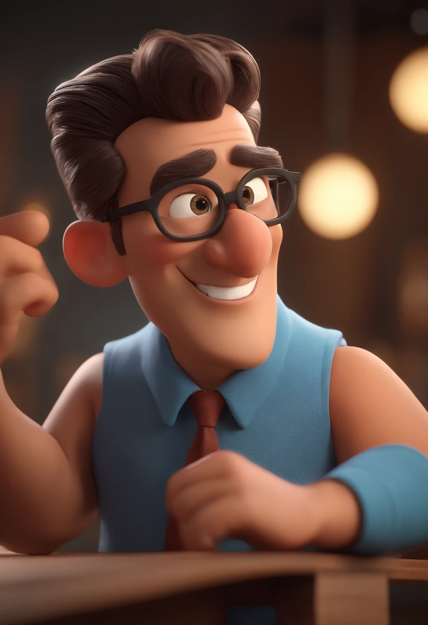 Cartoon character of a man with black glasses and a blue shirt, animation character, Caractere estilizado, animation style rendering, 3D estilizado, Arnold Maya render, 3 d render stylized, toon render keyshot, Personagem 3D, Personagem 3D, 3d rendering stylized, 3 d character render, personagem de desenho animado, Personagem de close up, Pose de personagem,  (Estilo Pixar) (master part:1.2) (Bokeh) (best quality) (pele detalhada) (textura detalhada) (8k) (argila) (Cinematic lighting) (foco nítido