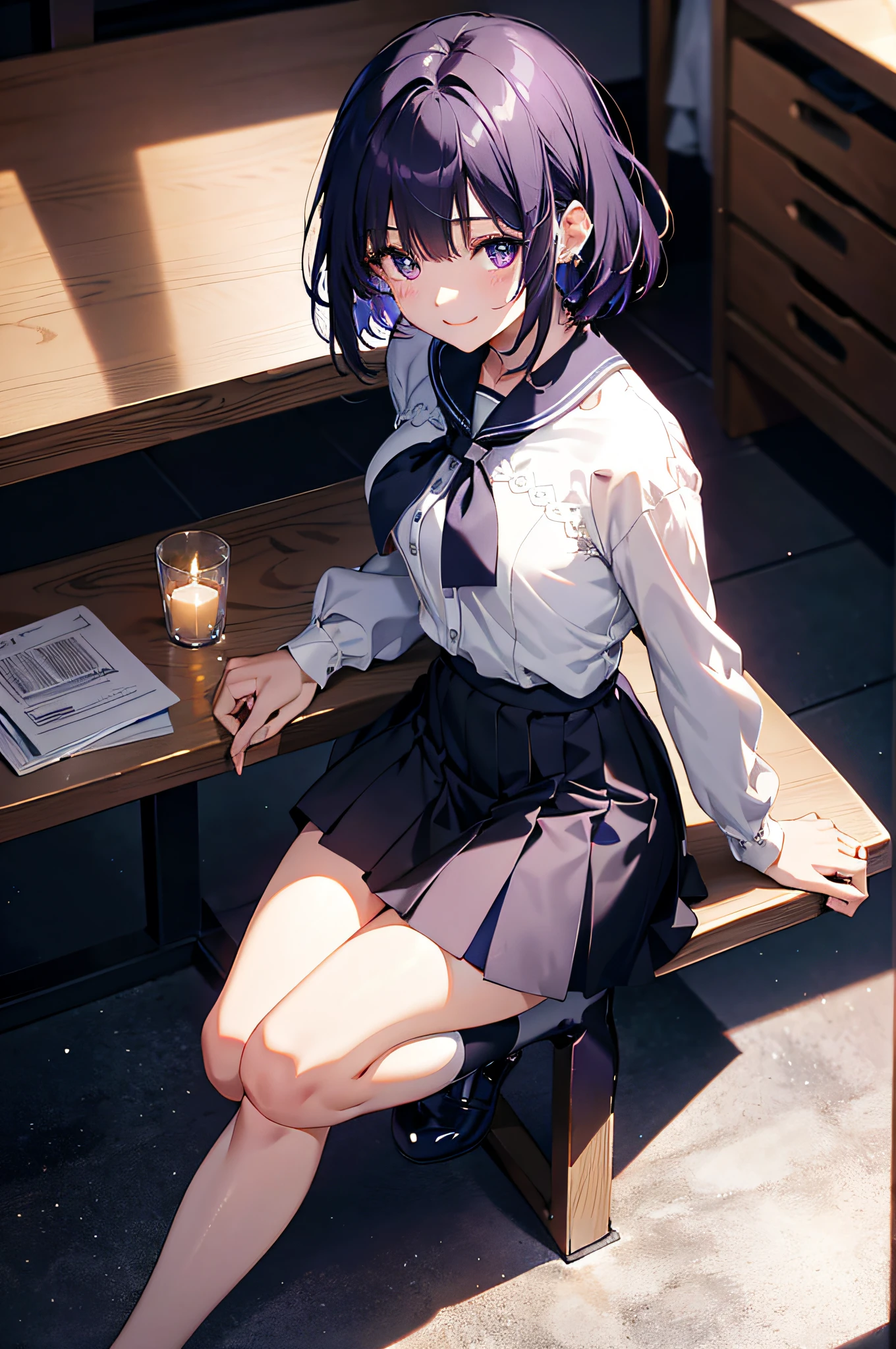 masterpiece, best quality, very aesthetic, absurdres, newest, 1girl, asymmetrical bangs, tareme, looking at viewer, blush, drunk, short hair, open mouth, skirt, shirt, black hair, long sleeves, sitting, purple eyes, white shirt, sweat, pleated skirt, indoors, miniskirt, feet out of frame, chair, table,