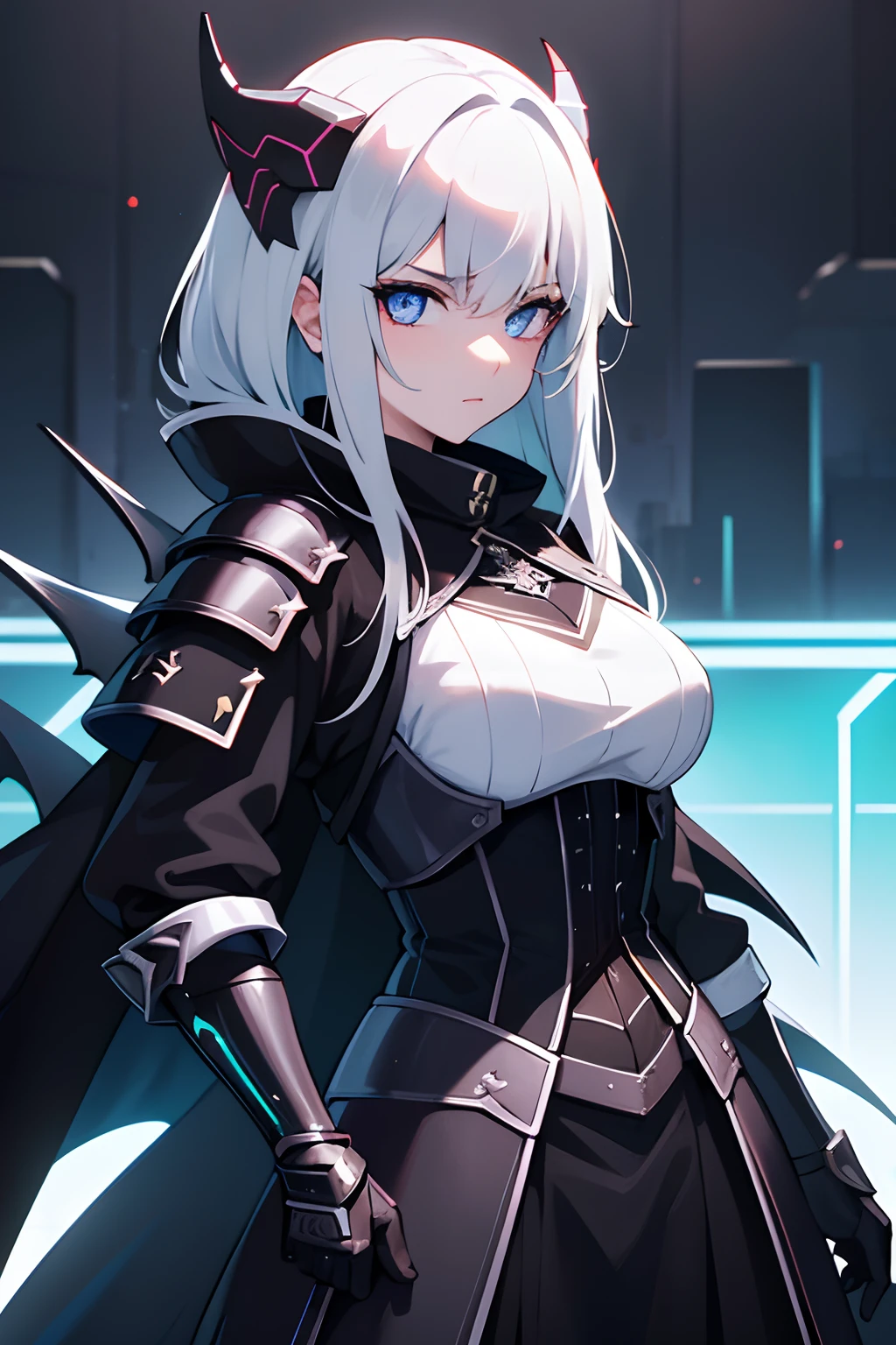 1Girl, Gesicht, White Harre, Black Dragon Armor, Maske, Rote Augen, High Quality, super detailliert, Super Dark Armor, Vorderseite, dunkleres Bild, Vorderseite, 4 Drachenflügel, mehr vorne, Black Armor, Roter-Kupfer Verzierung, Cyberpunk, Neon, Metallisch