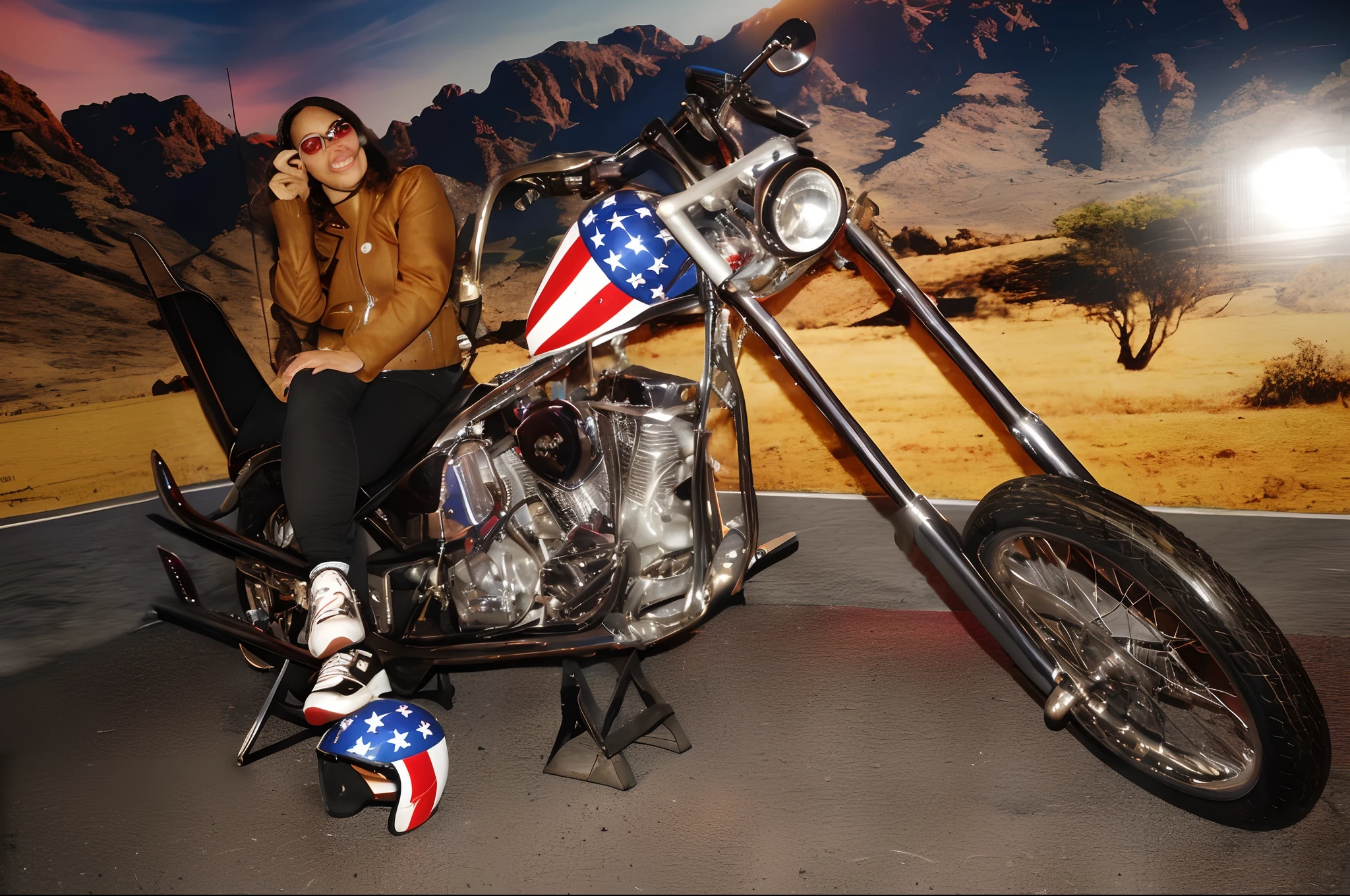 There's a woman sitting on a motorcycle with an American flag, sentado em uma motocicleta, frank kozik, sentado em moto cyberpunk, motociclista, inspirado em Cornelisz Hendriksz Vroom, obra-prima obra de arte, com grandes tubos cromados, sonho americano, foto tirada, inspirado em Brian 'Chippy' Dugan, 2012