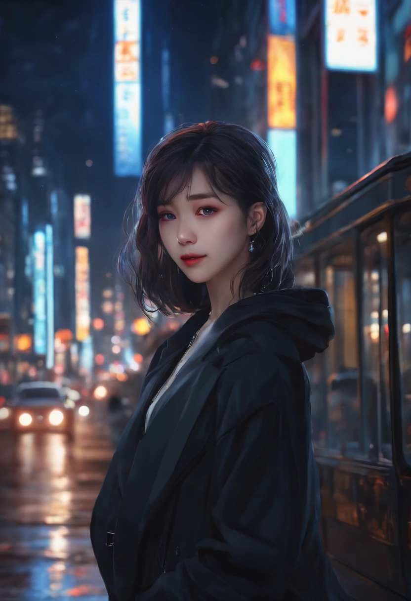 ((masterpiece)), (best quality), (high detail), (realistic),kafka from honkai star rail,girl,in the city,dark night neon city