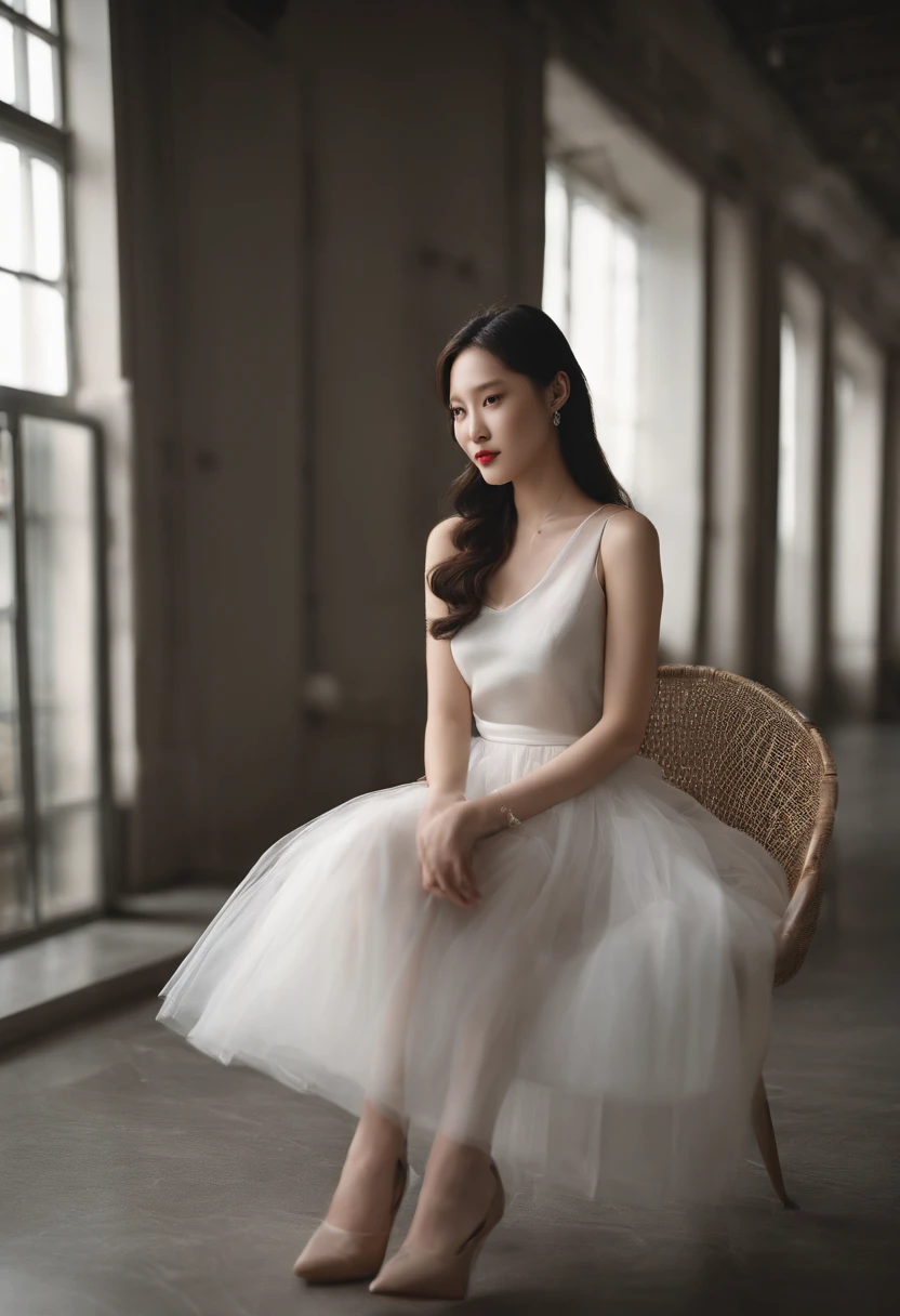 Sitting in a chair in a black dress,Korean female fashion model,Transparent Internet celebrity white light-colored skirt,mesh shirt,Chrome clothes,Shiny silver,Fortunately for my appearance,Bigchest,best qualtiy, tmasterpiece, 超高分辨率, realisticlying,