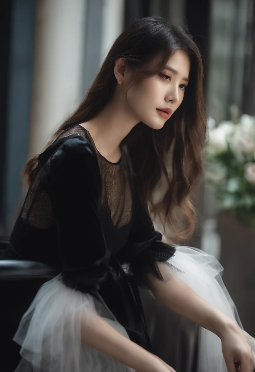 Sitting in a chair in a black dress,Korean female fashion model,Transparent Internet celebrity white light-colored skirt,mesh shirt,Chrome clothes,Shiny silver,Fortunately for my appearance,Bigchest,best qualtiy, tmasterpiece, 超高分辨率, realisticlying,