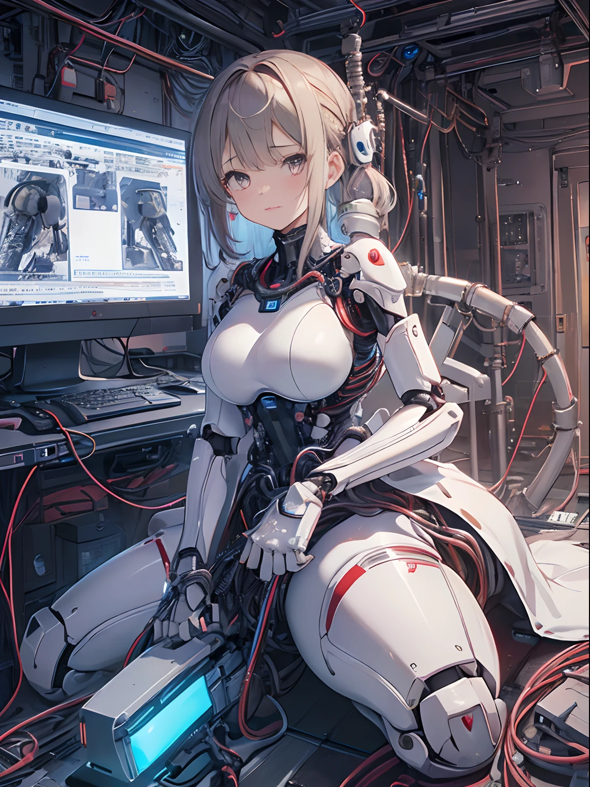 (Masterpiece, Top Quality, Best Quality, Official Art, Beautiful Indulgence: 1.2), (1 Girl: 1.3), Very Detailed, Colorful, Supreme Detail ((Ultra Detailed)), (Highly Detailed CG Illustration), (Very Delicate and Beautiful)), (From the Side), Cinematic Light, (1 Machine Girl)), Solo, Full Body, (Mechanical Joints: 1.2), ((Mechanical limbs)), (Blood vessels connected to tubes), ( Mechanical vertebrae attached to the back), ((mechanical cervical vertebrae attached to the neck)), expressionless, (wires and cables attached to the neck: 1.2), (head wires and cables: 1.2) (character focus), (lower body integrated with mechanical devices), science fiction, white background, (blood: 1.5), cruelty, absurdity, erotic rotesque, fusion with machines, Fully mechanized lower body