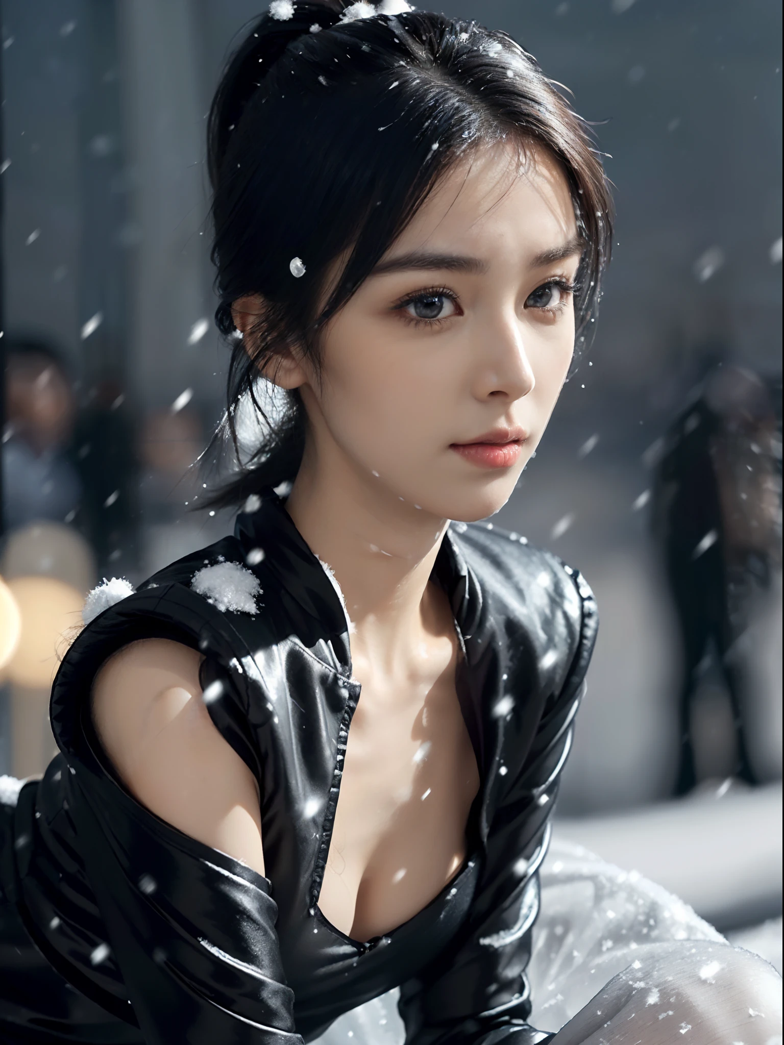 (shoulder length straight short black hair:1.2),((((8k))),(Extremely meticulous CG) ,(wallpaper),16k,(Extremely refined and beautiful），（Masterpiece），（best qualtiy：1.0），（Ultra High Resolution：1.0），beautiful light up，Perfect lightning，realistic shaded，[A high resolution],(Smooth and flawless fair skin:1.5),Extremely exquisite facial details,(perfect body：1.1),ultra - detailed,A beautiful girl,small head,(very short ponytail:1.2),(Small breasts:1.1),Flat chests，slim，thin，Smile，cheerfulness,(long black puffer coat:1.5),(see through black full body pantyhose:1.3),(nightfall:1.5),Sunset light,(Surrounded by a crowded crowd:1.5),At the school gate,(close-up of face:1.3),from front,(snowing:1.2),Cleavage,clavicle