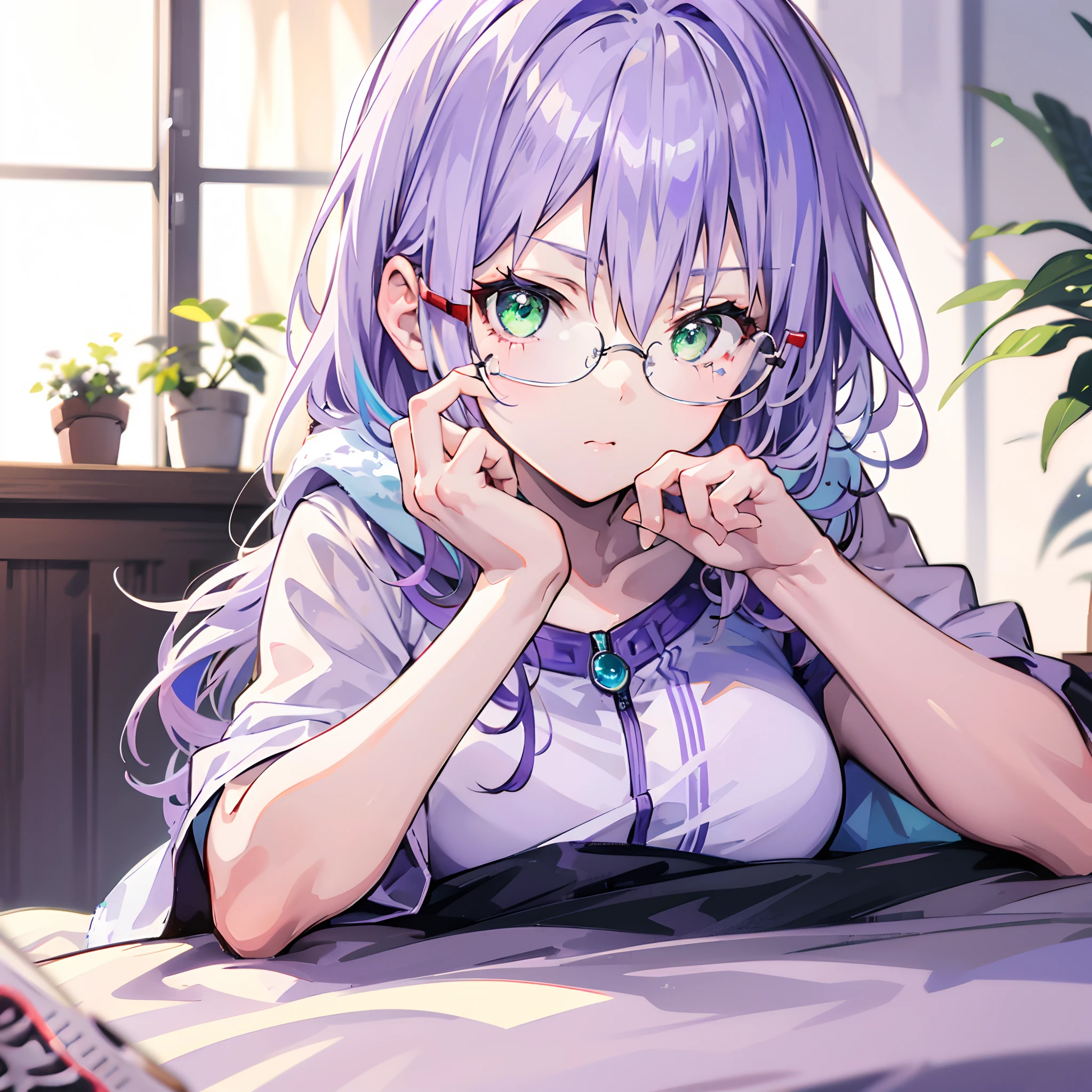 (1 girl: 1.1) ,((Light purple hair)), ((eye glass))Green eyes, lying on the bed, Bath towel