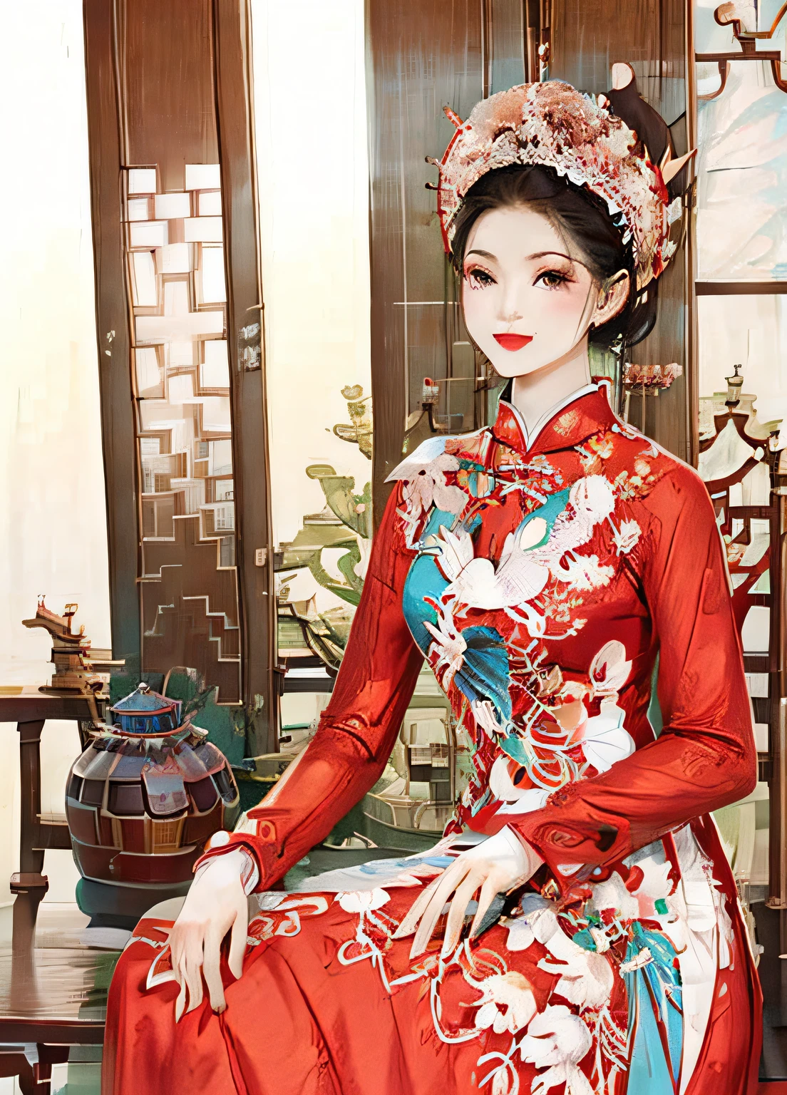 masterpiece, high quality,1girl,looking at viewer,east asian architecture,moon,butterfly, upper body, ao dai cuoi, Vietnamese dress