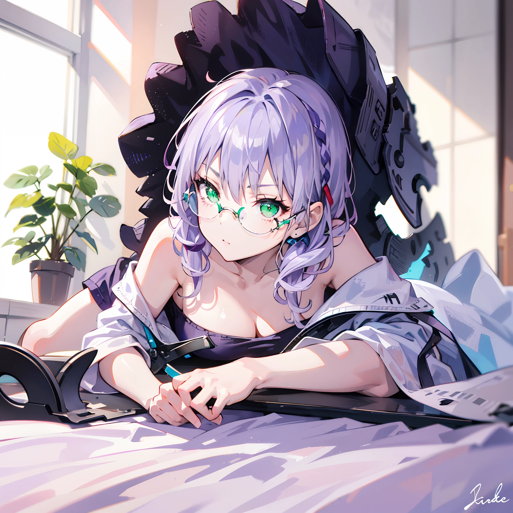 (1 girl: 1.1) ,((Light purple hair)), ((eye glass))Green eyes, lying on the bed, Bath towel