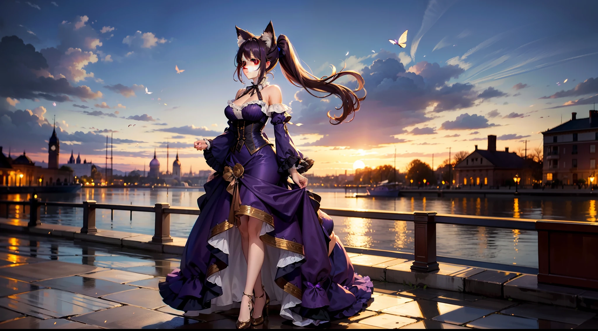 best quality, ultra detailed, full body, depth of field, purple wavy fluttering victorian dress with bronze details, teardrop breasts, long wavy ponytail, late evening, park riverside, animal ears, perfect anatomy,