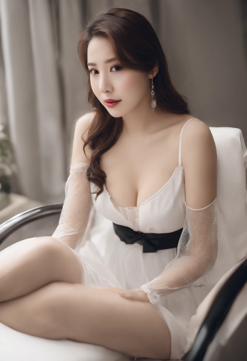 NSFW, (8k, best quality, master:1.2), (realistic, photo-realistic:1.37), super detailed, irene, 1 girl, looking at the audience, cute, korean, beautiful detailed sky, detailed café, sitting at the table for afternoon tea, full body, (smile:1.15), shut up, mid-chest, burst shirt buttons, beautiful delicate eyes, (collared shirt: 1.1), daytime, sunlight, white lace, ( Long hair: 1.4), shoulder-length hair, silver hair, uniform, white skin, movie lights, street lights, (sexiest actress: 1.4), full body photos, (coffee table:1), (handbag: 1), ulzzang-6500-v1.1:0.3, karinak-4501-6300:1.2, long legs, high heels,