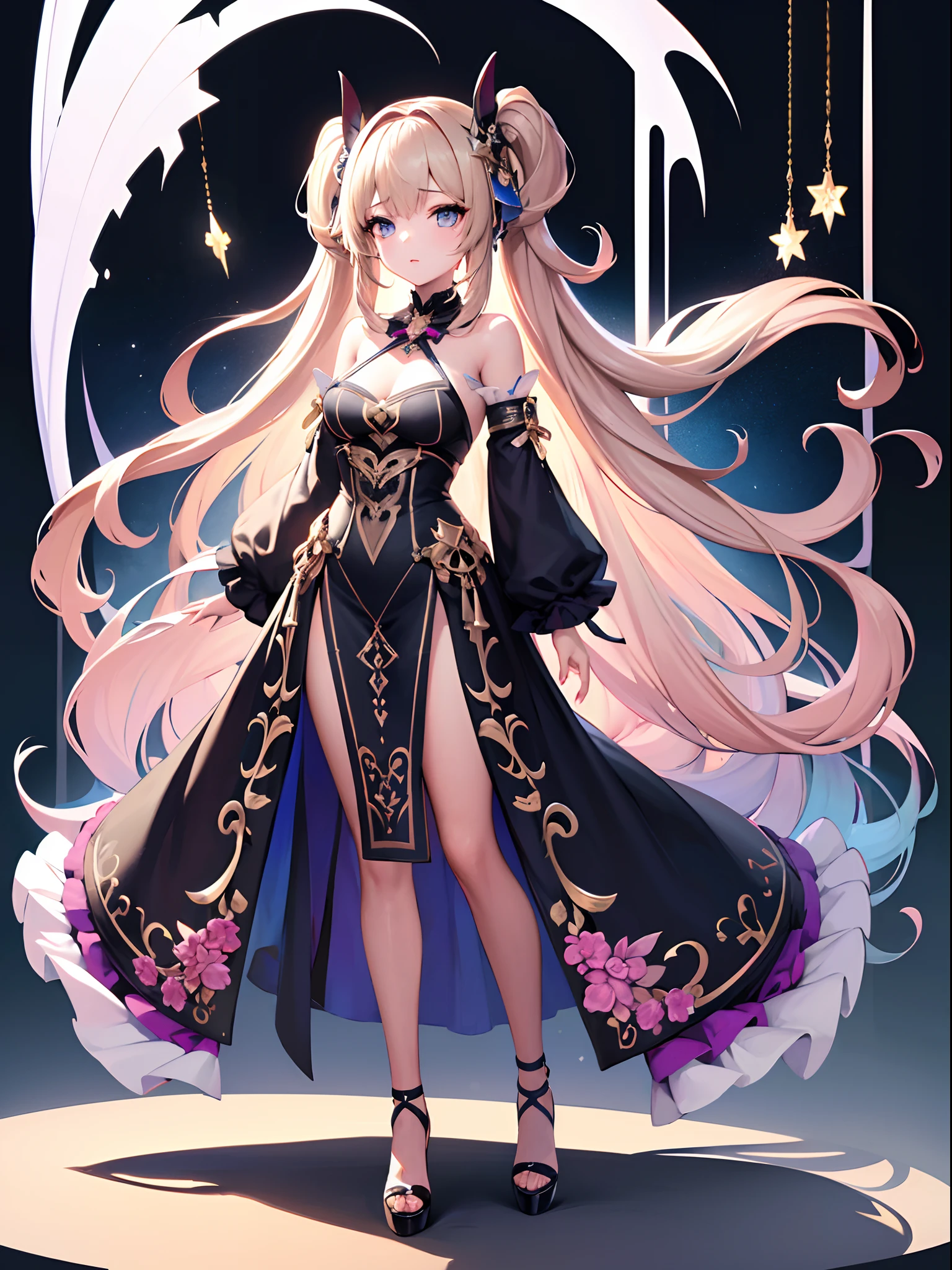 ((Best Quality)), (ultra-detailliert), ((Extremely detailed)), (Beautiful), ((Kawaii Girl)), ((UHD)), (masterpiece), (high quality), (best quality), (4K), (high quality), 1, solo girl, one girl, hair two side up, hair intakes, long hair, parted bangs, platinum blond hair, jade colored eyes, tsurime, paint right up to the tip of the head,((transparent background)),(solo),standing,(wearing shoes on feet),((is wearing Idol Costumes)),good girl, beautiful detailed eyes,good looking,((an extremely delicate and beautiful)),make the eyes the same shape and color on both sides, anime style