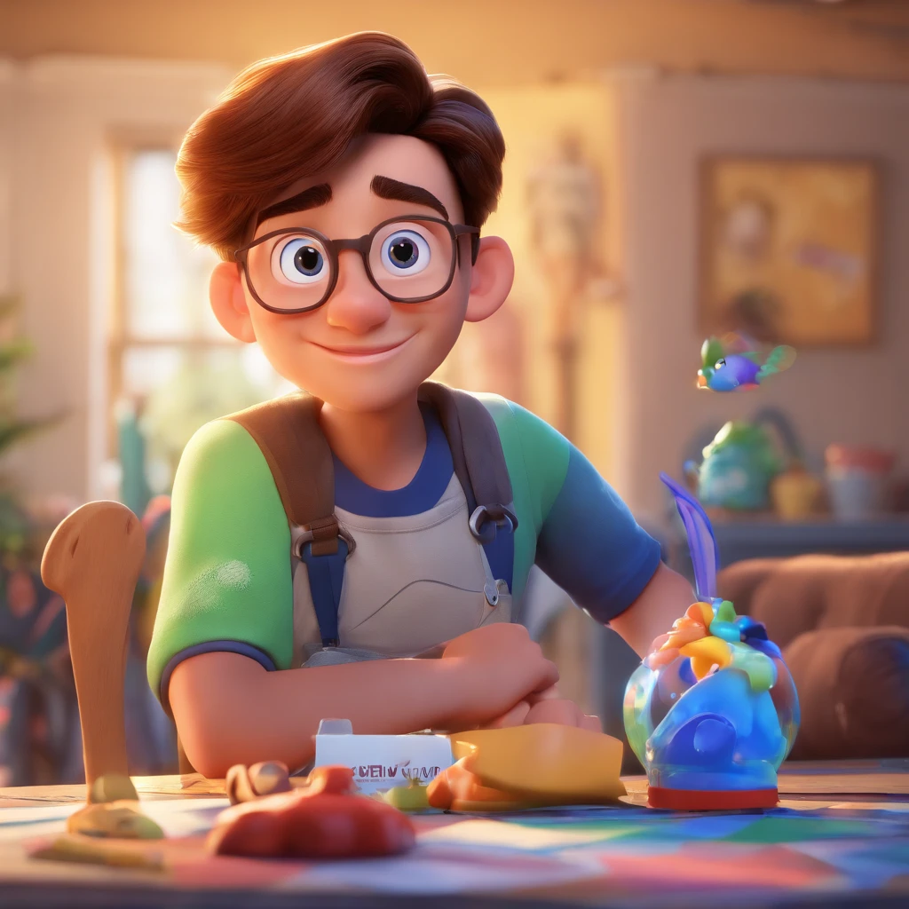 Create a Disney Pixar-inspired poster with the character being a younger-looking 28-year-old, com um sorriso grande cabelos castanhos
