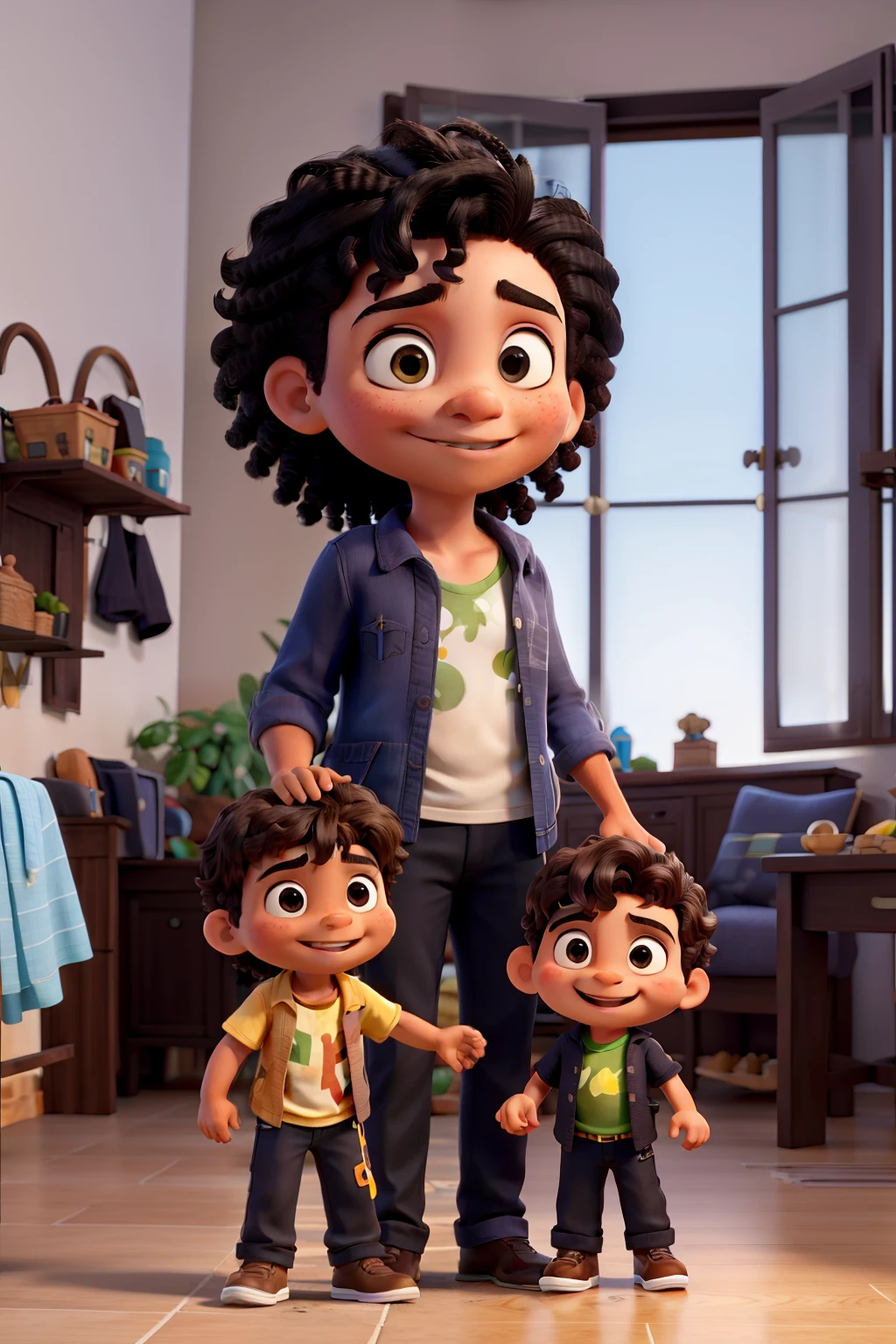 Uma familia, homem cabelo grisalho, mulher cabelo preto, menino cabelo castanho, menina cabelo curto cacheado, master part, best quality, em um sitio