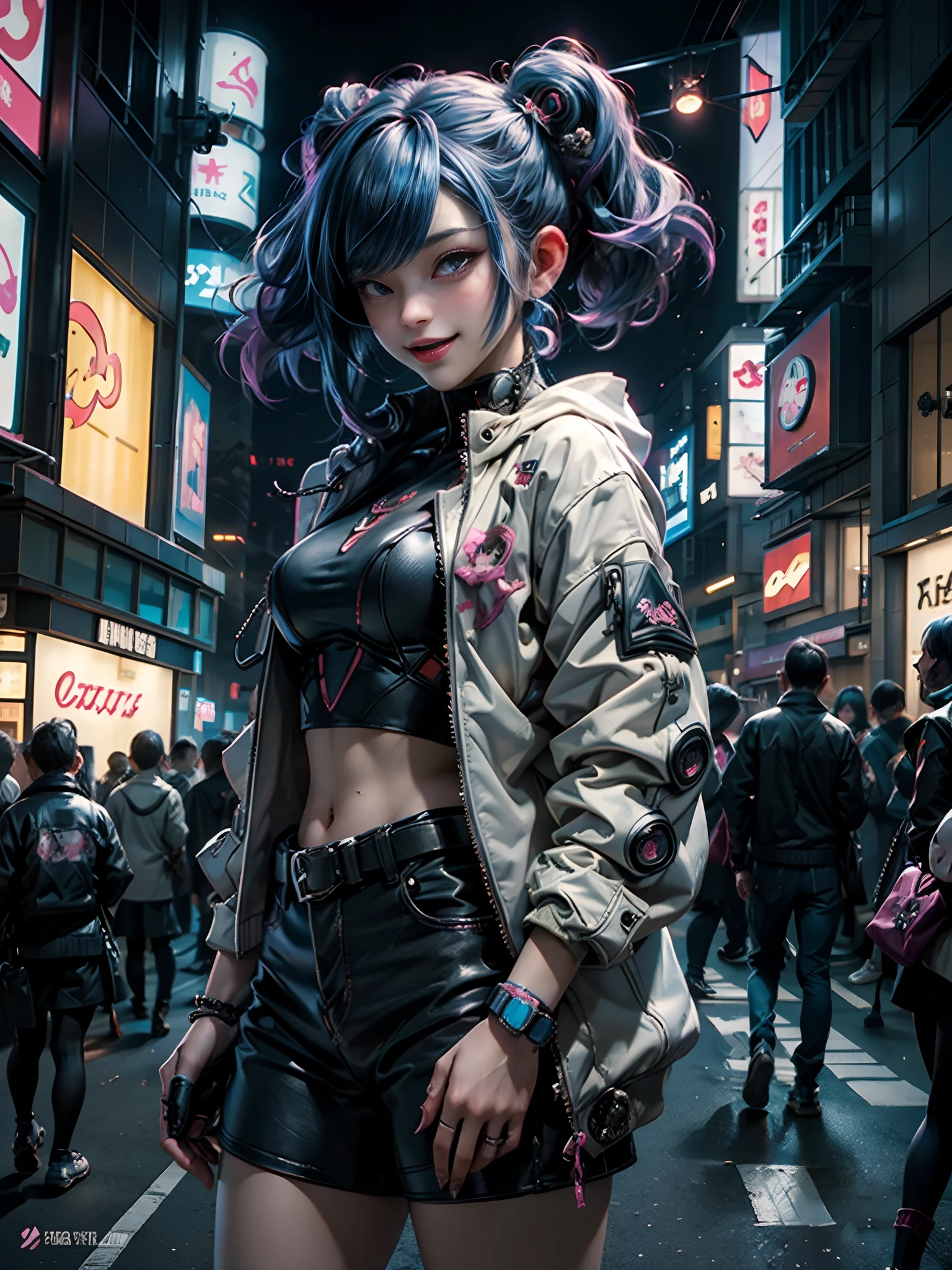 Anime masterpiece, best quality, (((2 laughing teenaged cyberpunk girls ((wearing detailed Harajuku tech jackets)) standing together for portrait))), (((Harajuku cyberpunk clothing)))), (bold colors and patterns), eye-catching accessories, trendy and innovative hairstyle))), ((insane detail)), dazzling Cyberpunk cityscape, skyscrapers, glowing neon signs, (LED lights), anime illustration, detailed skin texture, detailed cloth texture, beautiful detailed face, intricate details, ultra detailed, cinematic lighting, strong contrast, colorful.