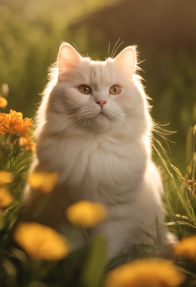 A fat beige cat wrapped in a bath towel,The hair is delicate and fluffy,The expression is cute,Super detailed details,Local close-up,ultra HD picture quality,solid color backdrop,(Extremely detailed Cg Unity 8K wallpaper, Masterpiece, Best quality, Ultra-detailed), (Best illumination, Best shadow, An extremely delicate and beautiful), Flower garden, Lush greenery, sunlight shining through, Depth of field, Warm and pleasant atmosphere,Grass house