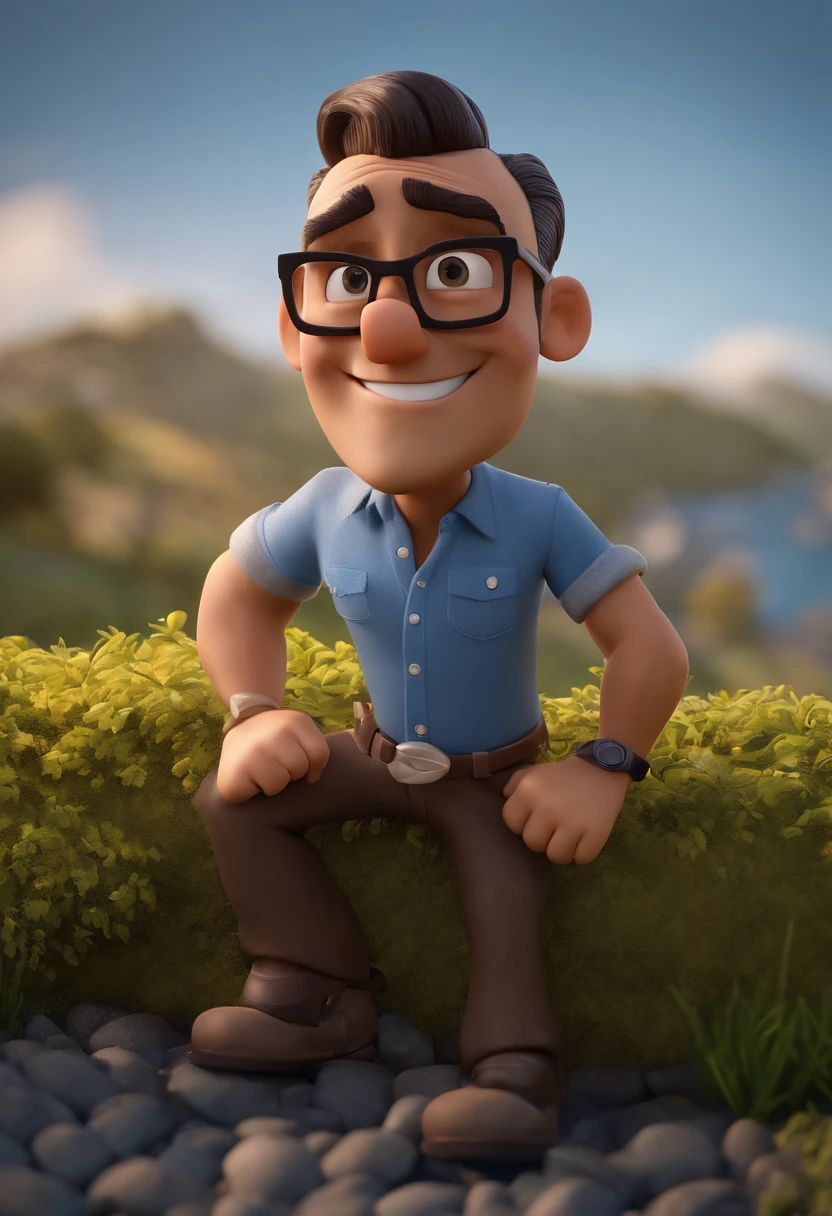 Cartoon character of a man with black glasses, cabelo cacheado marrom escuro e uma camisa azul, animation character, Caractere estilizado, animation style rendering, 3D estilizado, Arnold Maya render, 3 d render stylized, toon render keyshot, Personagem 3D, Personagem 3D, 3d rendering stylized, 3 d character render, personagem de desenho animado, Personagem de close up, Pose de personagem,  (Estilo Pixar) (master part:1.2) (Bokeh) (best quality) (pele detalhada) (textura detalhada) (8k) (argila) (Cinematic lighting) (foco nítido