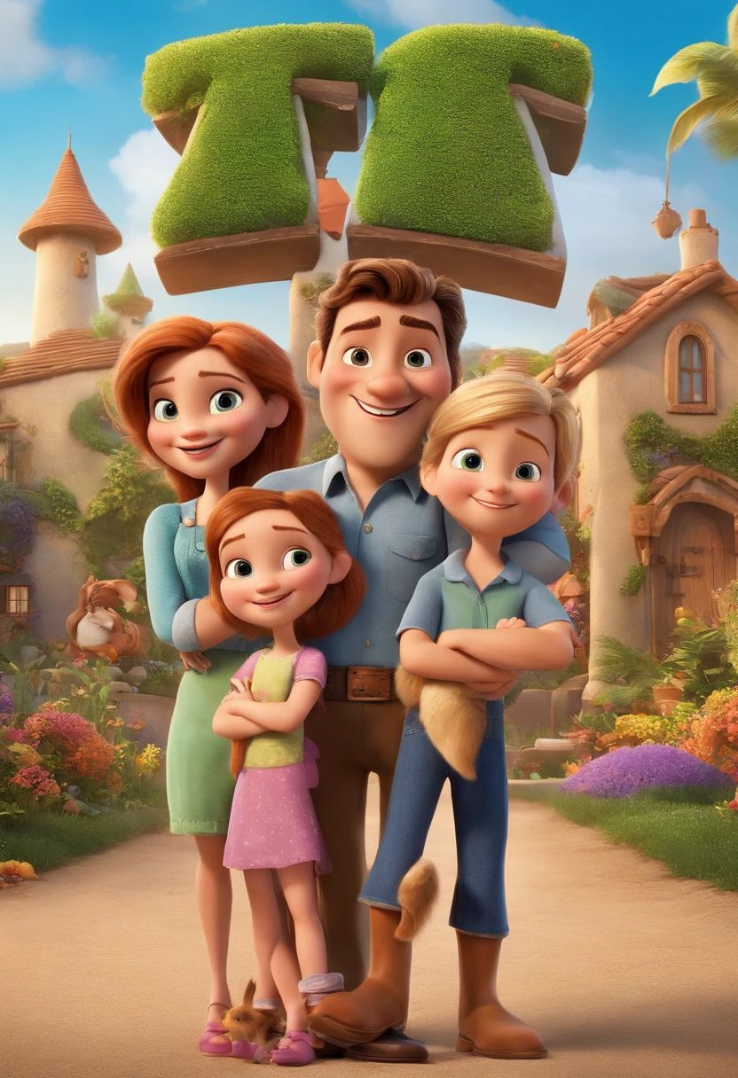 a movie poster by Disney Pixar spotting a white-skin family. The father is the tallest, has a short beard, blond, short and spikey hair. The mom has brown eyes and hair, at shoulder-lenght and is slightly overweight. The little girl is 4-years old and has brown hair, pink outfit and pony tails. The background is a beach garden. 3d render