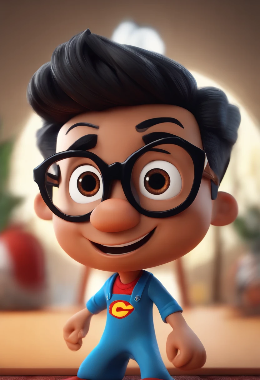 Cartoon character of a man wearing black glasses and a blue shirt, um personagem animado, Caractere estilizado, animation style rendering, 3D estilizado, Arnold Maya render, 3 d render stylized, toon render keyshot, Personagem 3D, Personagem 3D, 3d rendering stylized, 3 d character render, personagem de desenho animado, Personagem de close up, Pose de personagem, (Estilo Pixar) (master part:1.2) (Bokeh) (best quality) (pele detalhada) (textura detalhada) (8k) (argila) (Cinematic lighting) (foco nítido，Senta e vaza a parte superior do corpo