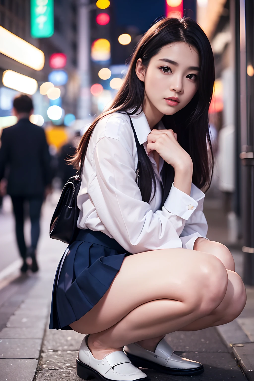 1womanl、(Super beautiful)、(beauitful face:1.5)、Clear pubic contours、Squatting、Spread your legs、(white panties:1.4)、(high-school uniform)、(Dark blue pleated skirt)、(Wear black loafers)、(Sidewalk in Shibuya at night)、Neon sign、(At SFW:1.1)