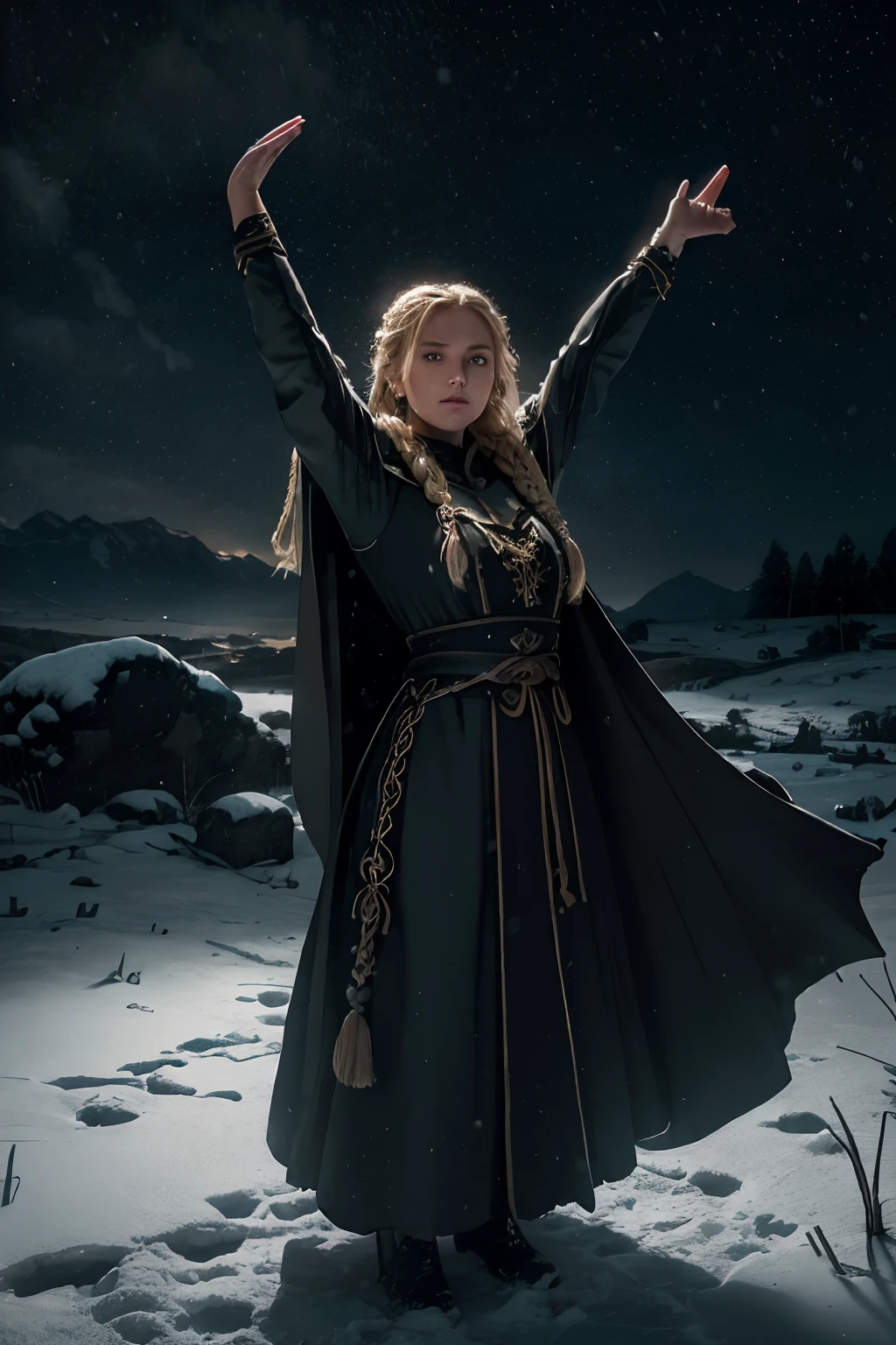 (best quality, highres, ultra-detailed), (HDR, studio lighting), (realistic:1.37), a woman with blond hair tied in a braid wearing classic Slavic dress and black cape with arms raised up, standing, dark winter night, snowing, dark theme