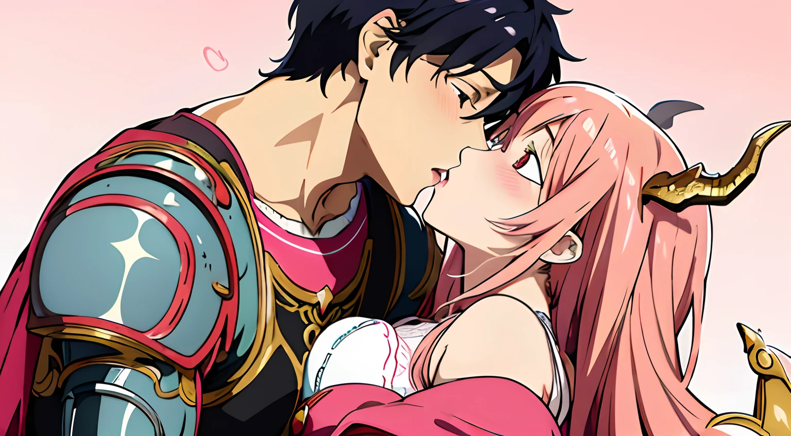 anime couple kissing in front of a pink background, shoujo romance, kissing together cutely, dragon girl with 2 horns, boy in armor