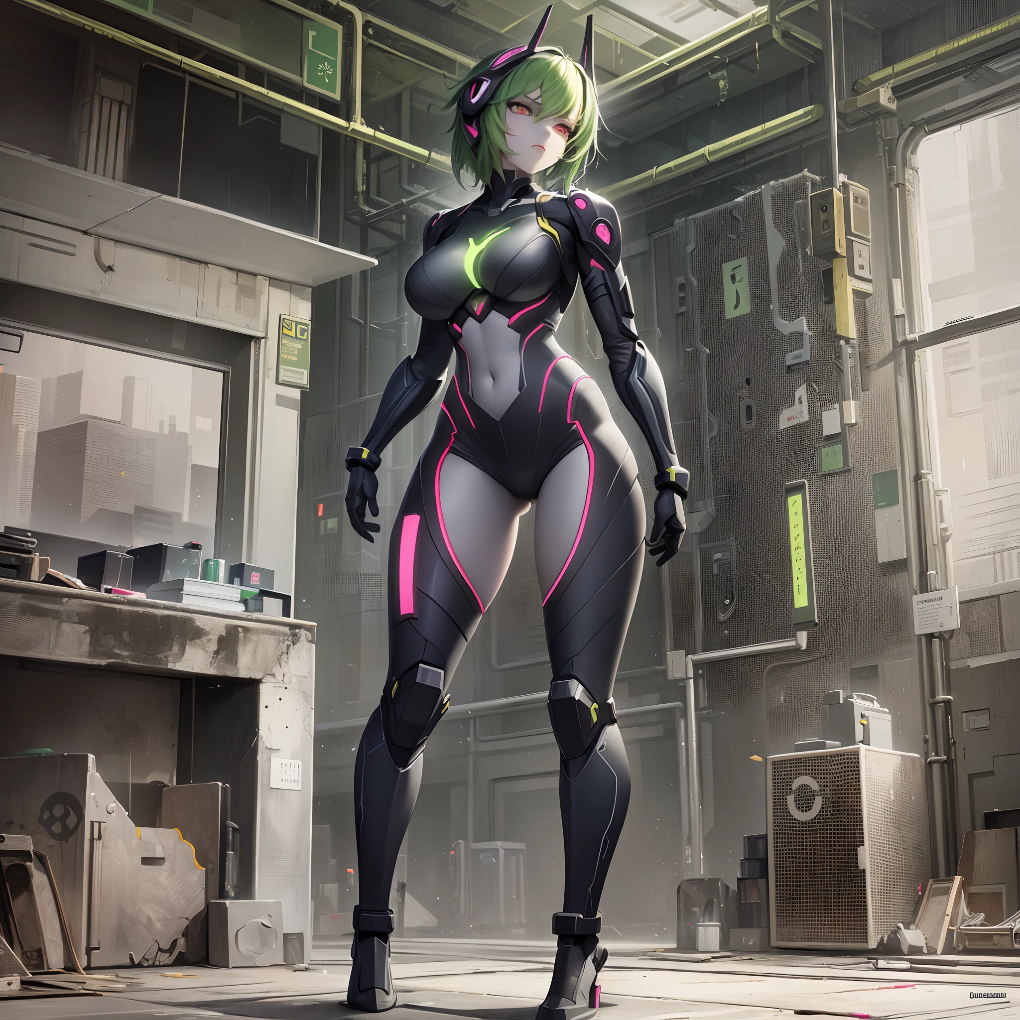 masterpiece, full body frame, one beautiful girl in short cut pale skin, angry, short yellow-green hair, red eyes, machine-made green eyes, dynamic hair, perfect body, taut little breasts, very detailed, cyberpunk, neon, cinematic atmosphere, exact correct anatomy, art station, muted colors, triad colors, volumetric lighting, indirect light, Dynamic lighting, two side light sources, post-processing, global illumination, detailed and complex environment, model shooting style, 8K UHD, concept art, octane rendering, machine body