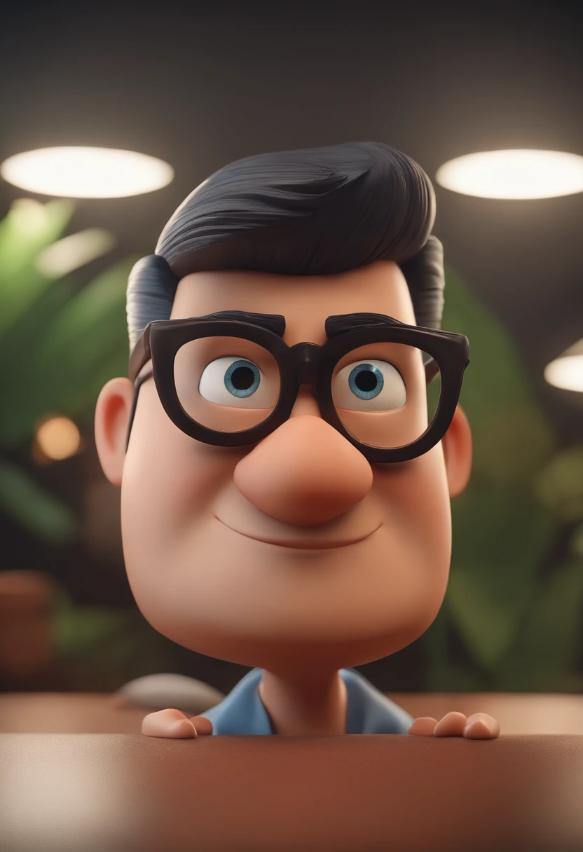 Cartoon character of a man wearing black glasses and a blue shirt, um personagem animado, Caractere estilizado, animation style rendering, 3D estilizado, Arnold Maya render, 3 d render stylized, toon render keyshot, Personagem 3D, Personagem 3D, 3d rendering stylized, 3 d character render, personagem de desenho animado, Personagem de close up, Pose de personagem, (Estilo Pixar) (master part:1.2) (Bokeh) (best quality) (pele detalhada) (textura detalhada) (8k) (argila) (Cinematic lighting) (foco nítido,Senta e vaza a parte superior do corpo