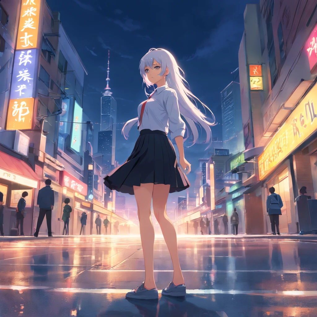 ((masterpiece)), (best quality), (high detail), (realistic),8k,girl,long white hair,black skirt ,solo,sexy,big breast, dark night neon city,view from beshind,on the street