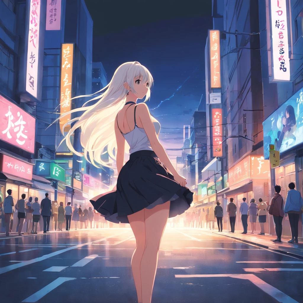 ((masterpiece)), (best quality), (high detail), (realistic),8k,girl,long white hair,black skirt ,solo,sexy,big breast, dark night neon city,view from beshind,on the street