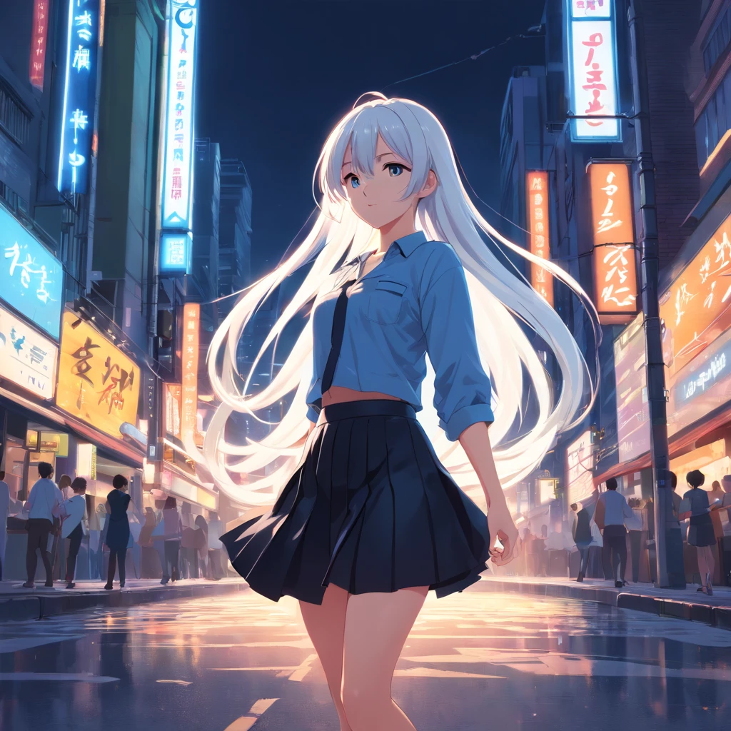 ((masterpiece)), (best quality), (high detail), (realistic),8k,girl,long white hair,black skirt ,solo,sexy,big breast, dark night neon city,view from beshind,on the street