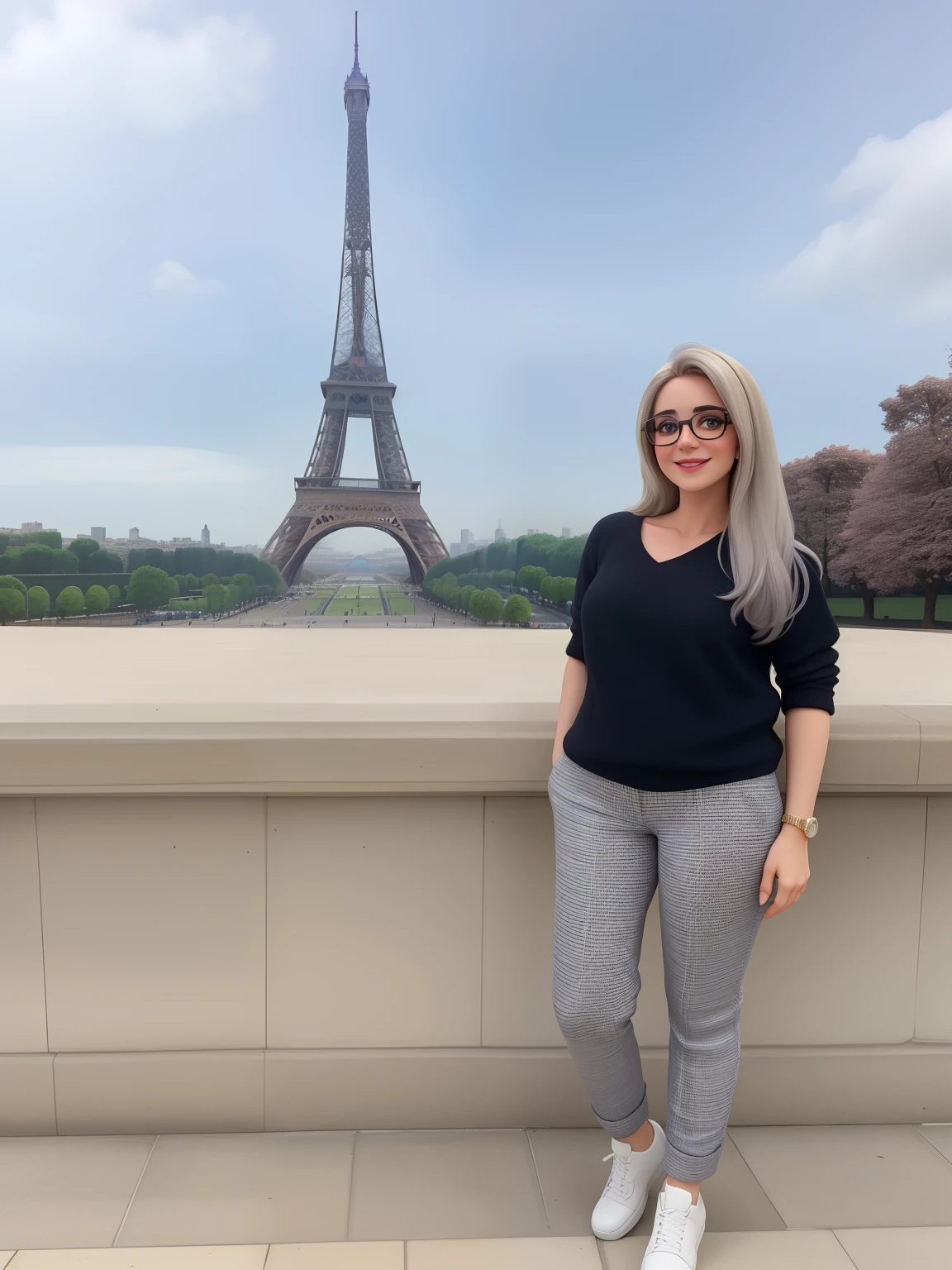 Uma mulher de 30 anos, com cabelos loiros compridos, Rosto oval, com sorriso encantador, e olhos castanhos, wearing glasses. Ao fundo a torre Eiffel